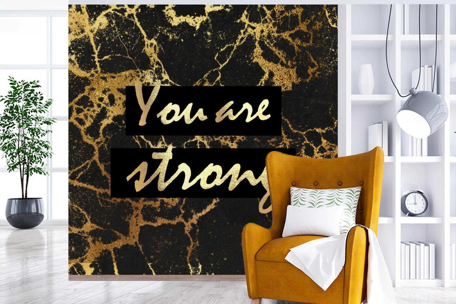Wohnzimmer Marmor, oder bedruckt, Vinyl - Wandtapete Gold Motivation MuchoWow Tapete - für - Zitat Fototapete Schlafzimmer, (5 St), Matt,
