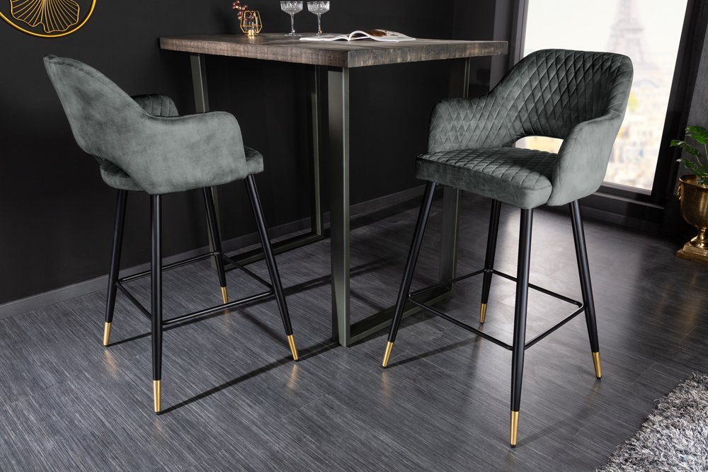 riess-ambiente Barhocker PARIS grün/schwarz/gold - Samt, Metall, mit Armlehne & Ziersteppung (Einzelartikel, 1 St), gepolstert & im edlen Look – ideal für Kücheninsel & Hausbar