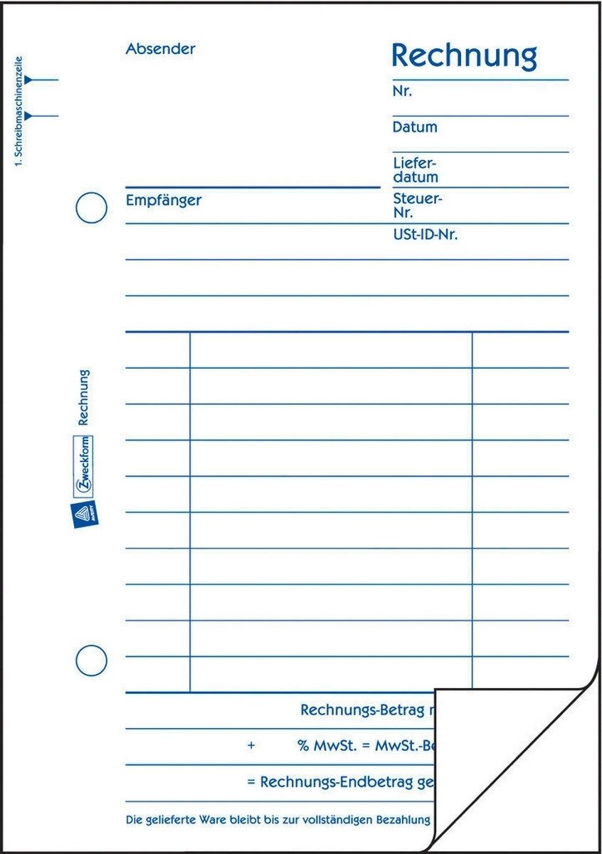 Formularblock Formularbuch Rechnung A6 hoch VE=2x50 Blatt