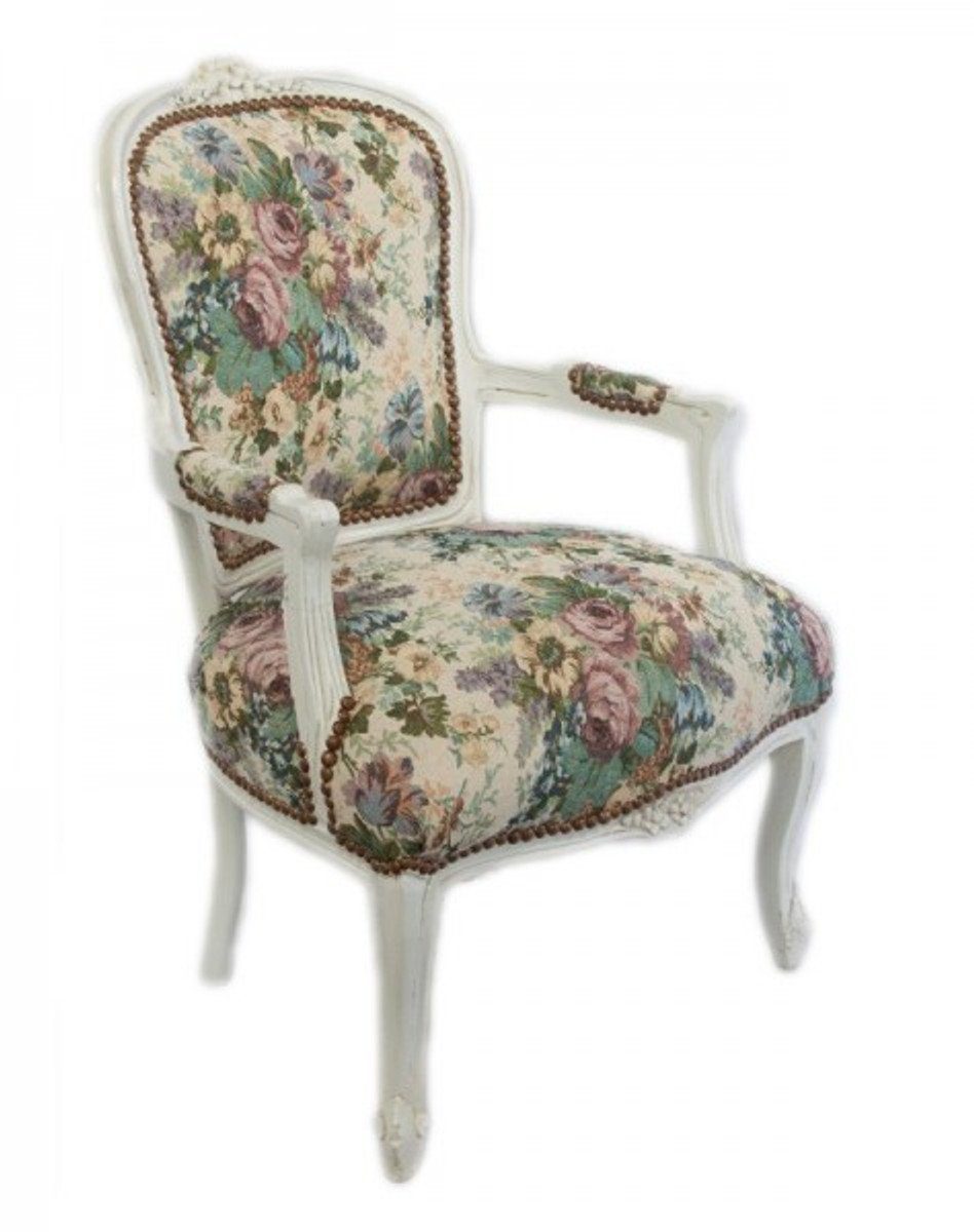 Casa Padrino Besucherstuhl Barock Salon Muster/ Möbel Antik Weiß Blumen Stuhl Antik - Design