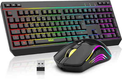 RedThunder RGB Hintergrundbeleuchtung Tastatur- und Maus-Set, Kabelloses QWERTZ DE Layout, Ergonomisch, Multimedia Funktionstasten
