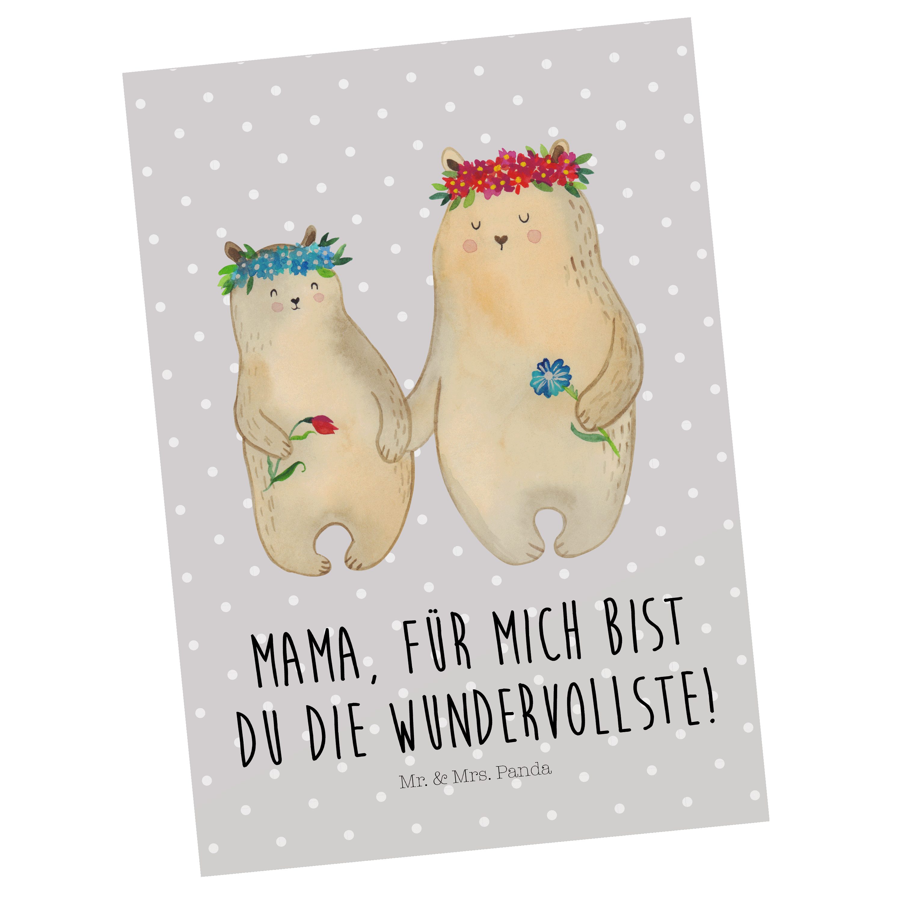 Mr. & Mrs. Panda Postkarte Bären mit Blumenkranz - Grau Pastell - Geschenk, Papa, Familie, weltb
