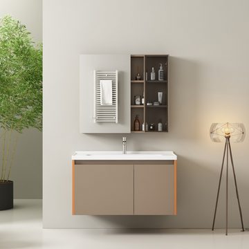 HAUSS SPLOE Badezimmer-Set hängend 90cm breit mit Keramikwaschbecken,Spiegelschrank, hellbraun