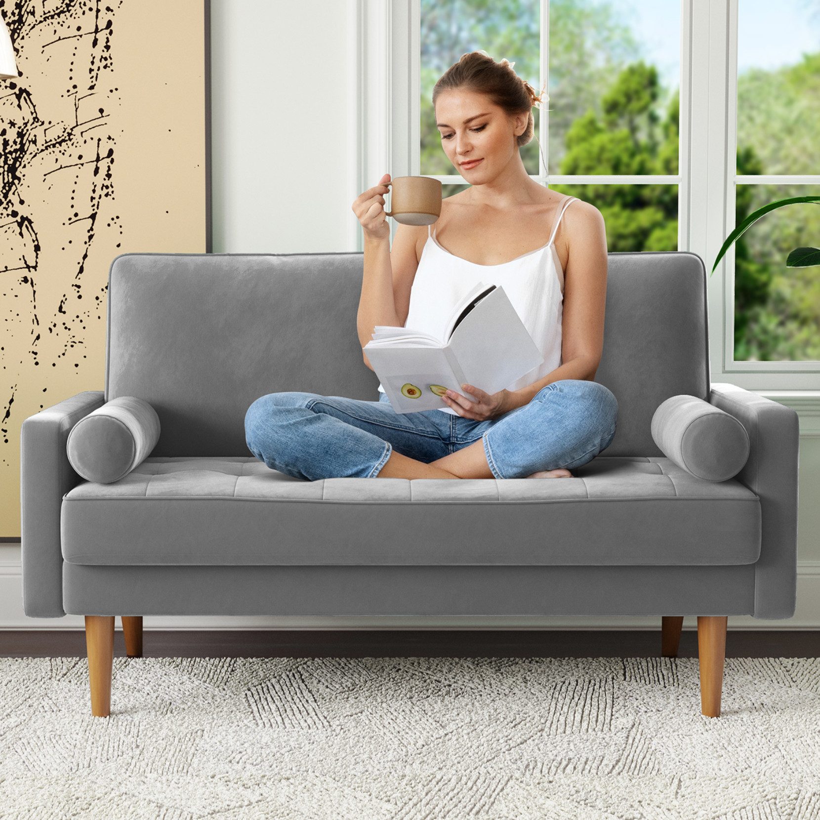 OUNUO Sofa 121cm Kleines Loveseat Sofa Couch aus Samt und Leinen mit 2 Zierkissen