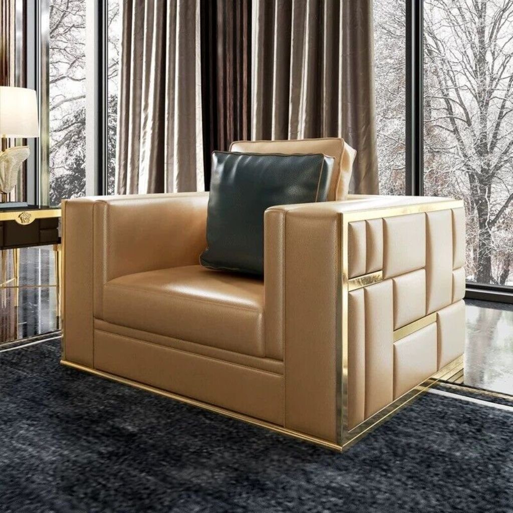 Polster 2+1+1 Sitzer Garnitur Wohnzimmer-Set, Gold Couch JVmoebel Sofa Leder Couchen Edelstahl