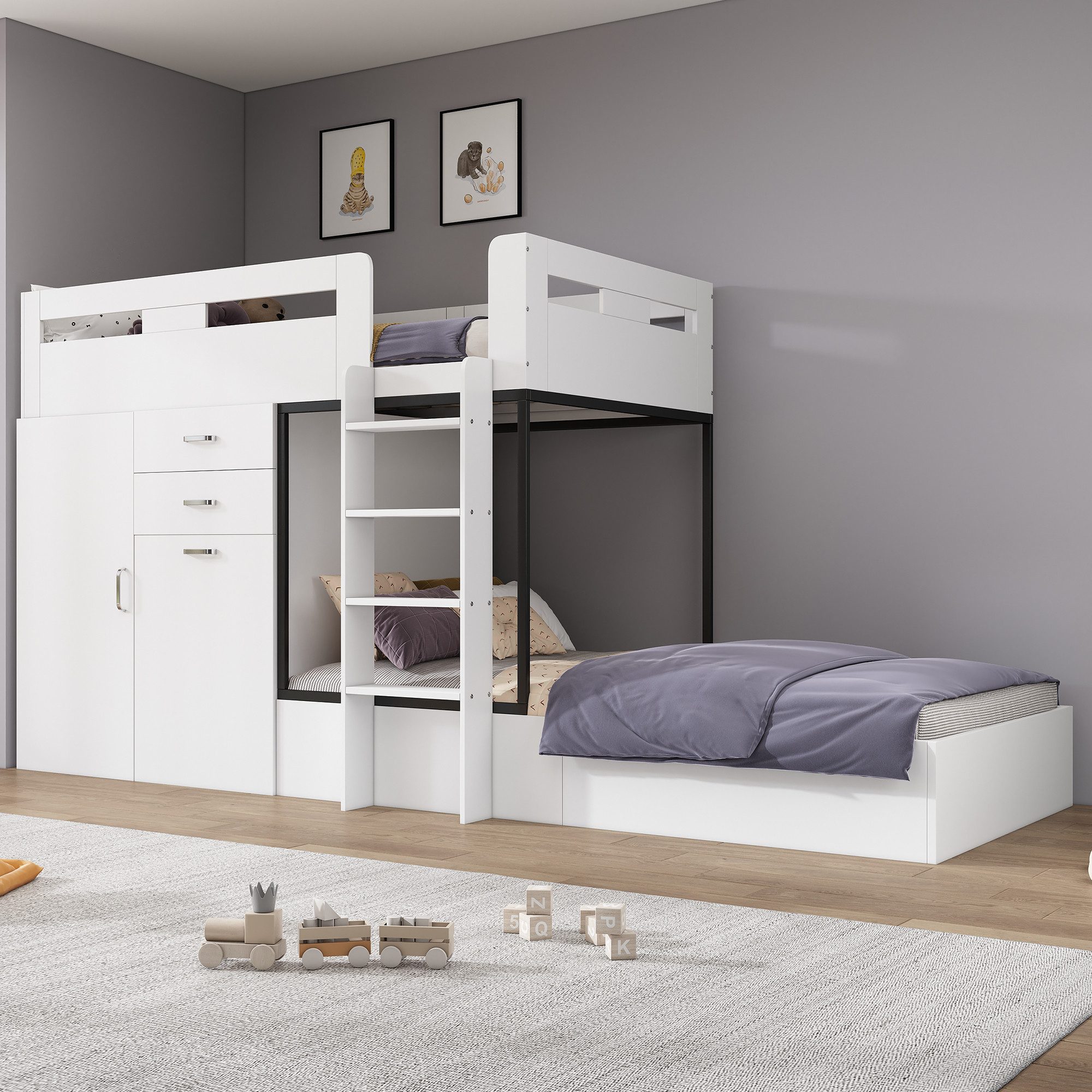 Flieks Etagenbett, Kinderbett 90x200cm mit ausziehbarem Tisch, Garderobe, großem Stauraum