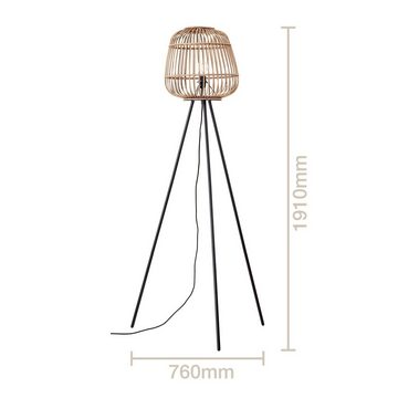 Lightbox Stehlampe, ohne Leuchtmittel, Dreibein-Lampe, H 155 cm, Ø 76 cm, E27, Rattan/Metall, braun/schwarz