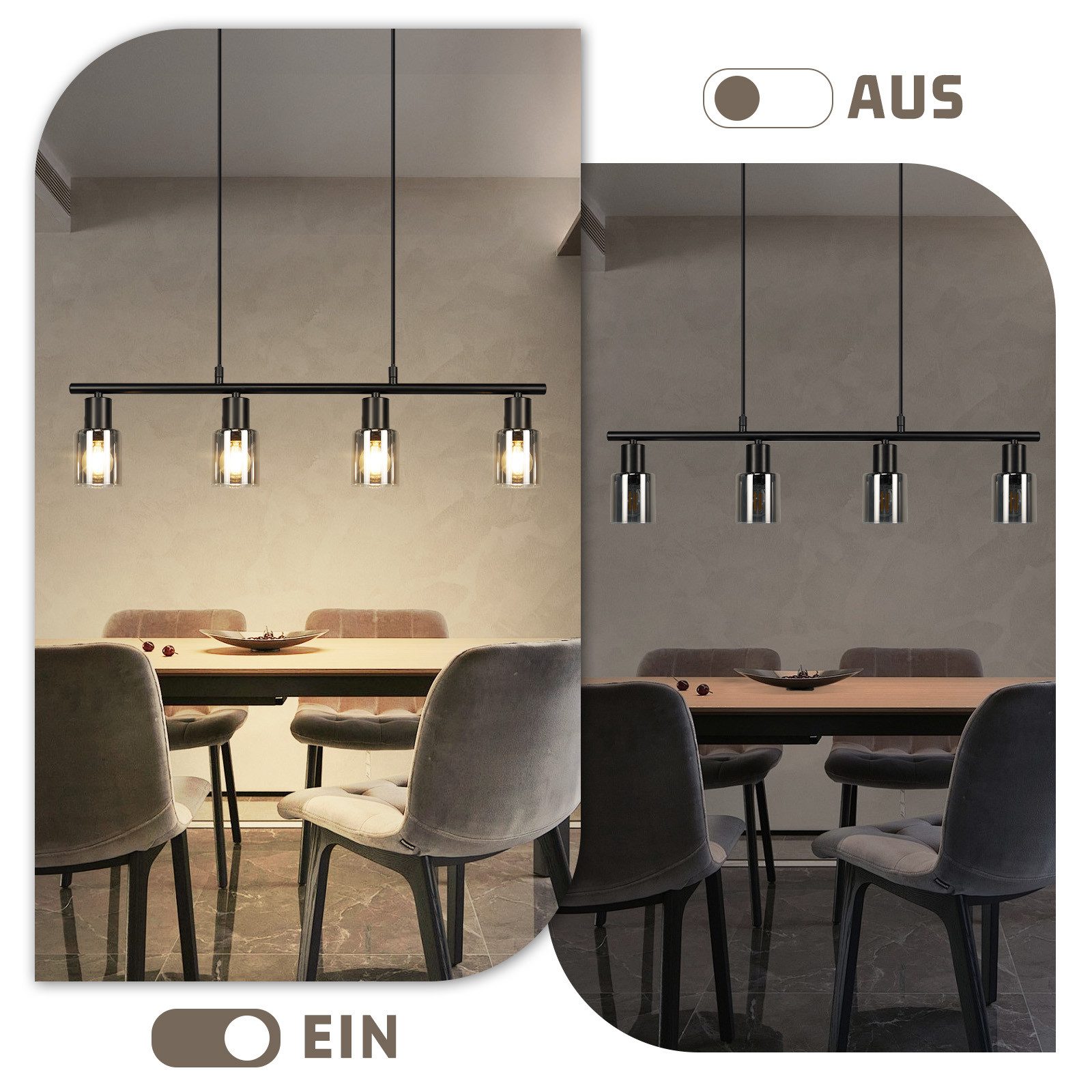Nettlife Pendelleuchte Retro Glas Hängelampe 4flammig Industrial Schwarz Hängeleuchte, ohne Leuchtmittel, Esszimmerlampe Küchenlampe Deckenleuchte für Esstisch Küche