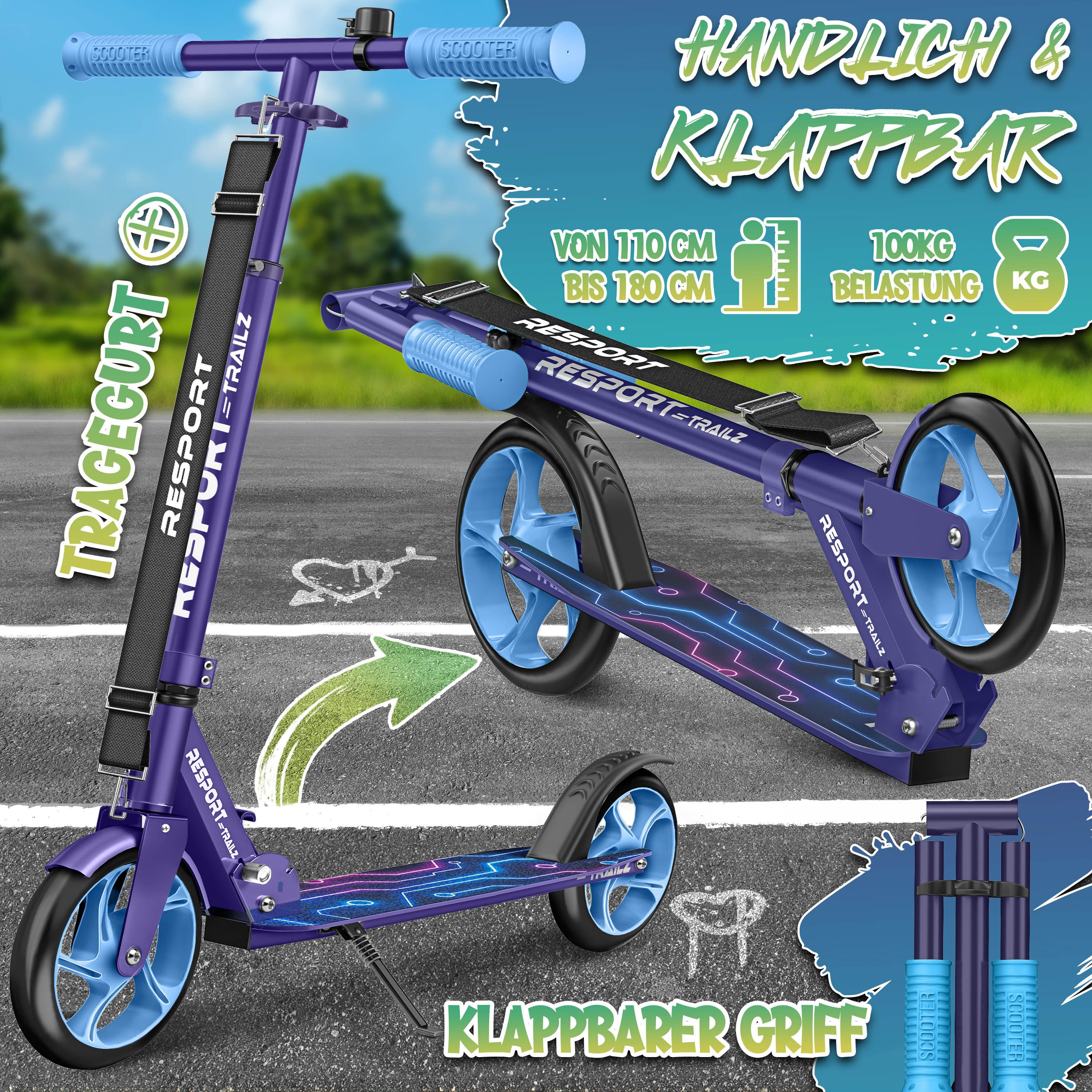 RE:SPORT Cityroller RE:SPORT® Trailz Cityroller Scooter inkl. Tragegurt und Klingel 200mm, (Scooter höhenverstellbar & klappbar, Kinderroller große Räder Kickscooter Kickroller), Cityroller für Kinder & Erwachsene Klingel & Tragegurt