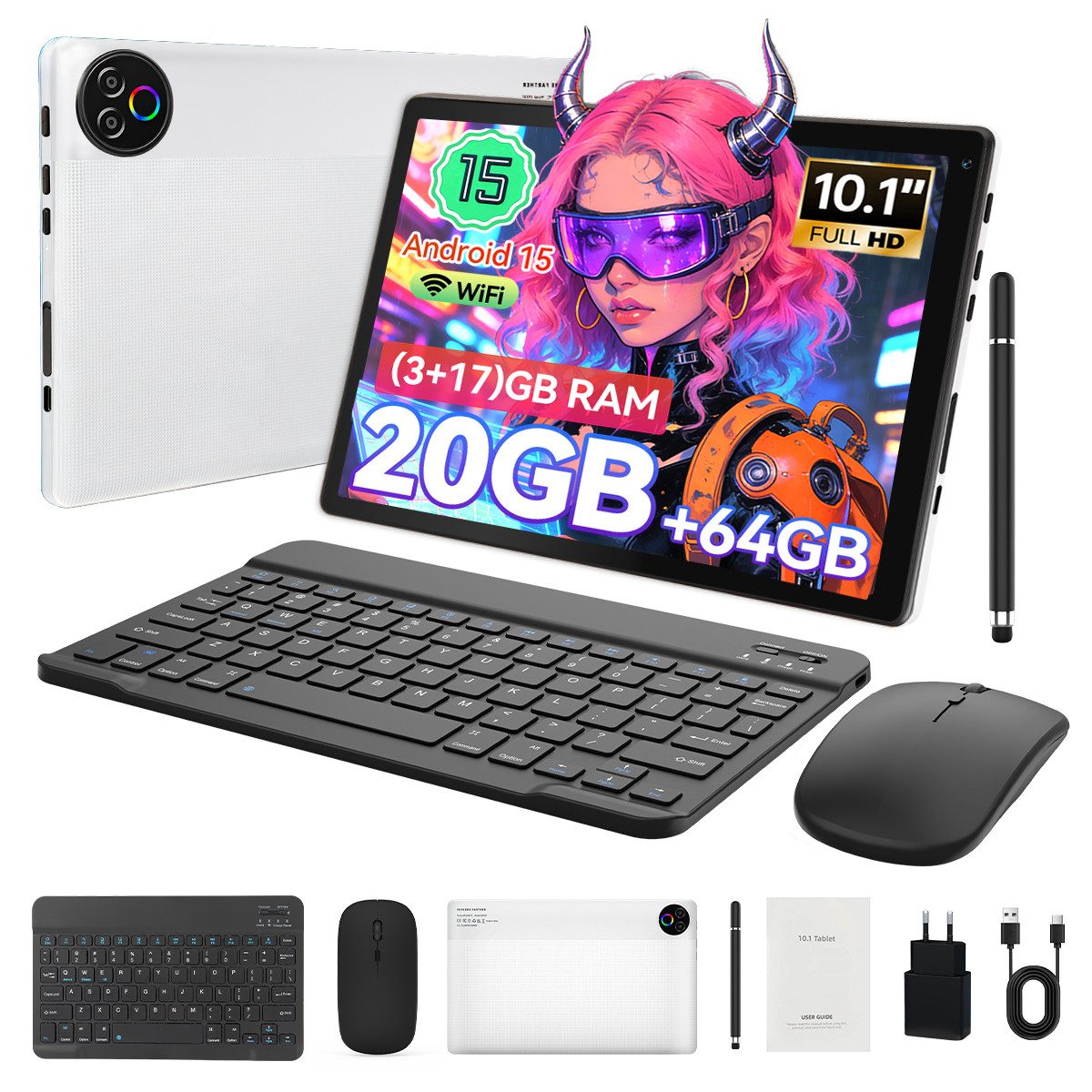 Happybe 10’’ HD Android 15, 20(3+17)GB RAM, 64GB, WiFi6 mit Tastatur und Stift Tablet (10", 64 GB, Android, WiFi6, Großbs Display Tablet mit Stift, Tastatur und Maus, Widevine L1)
