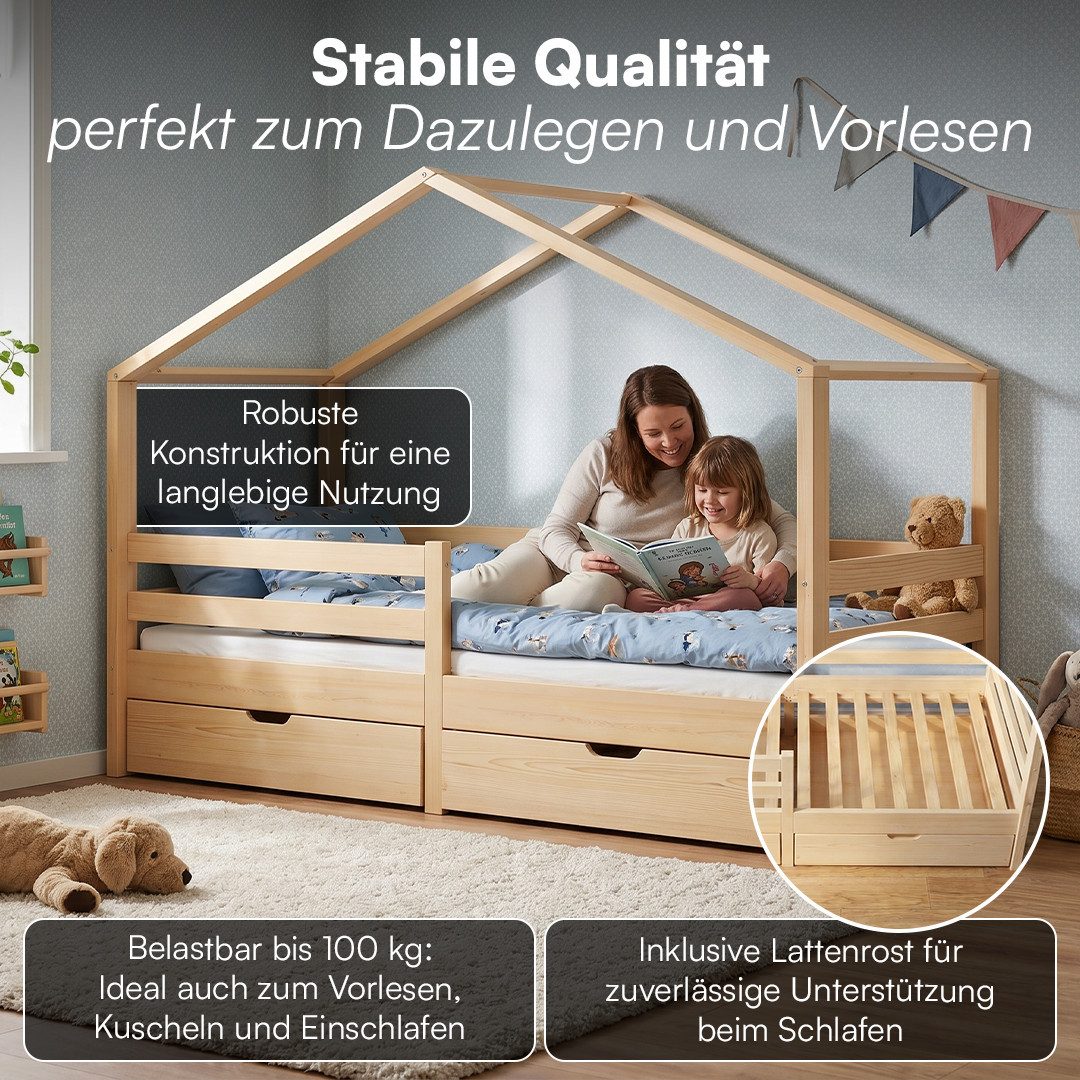 Bellabino Hausbett Abia Kinderbett mit Lattenrost und Rausfallschutz (natur, mit zwei Schubladen), Kinderbett 90x200 cm, verfügbar in verschiedenen Ausführungen – Bild 2 von 5