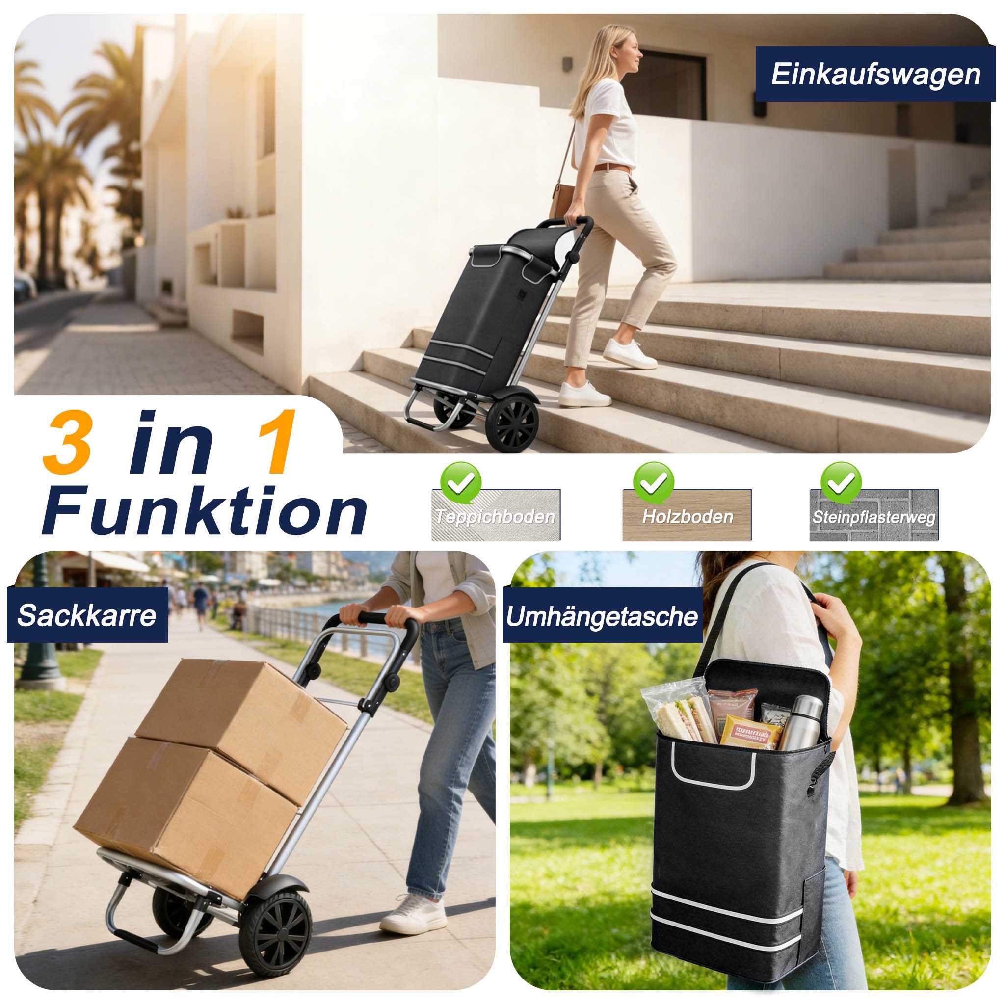 FIVMEN Einkaufstrolley 56L Trolley Einkaufswagen mit Extra Großen Rädern, 3 in 1 Treppensteiger Trolley mit Wasserdichter Tasche und Kühlfach – Bild 4 von 5