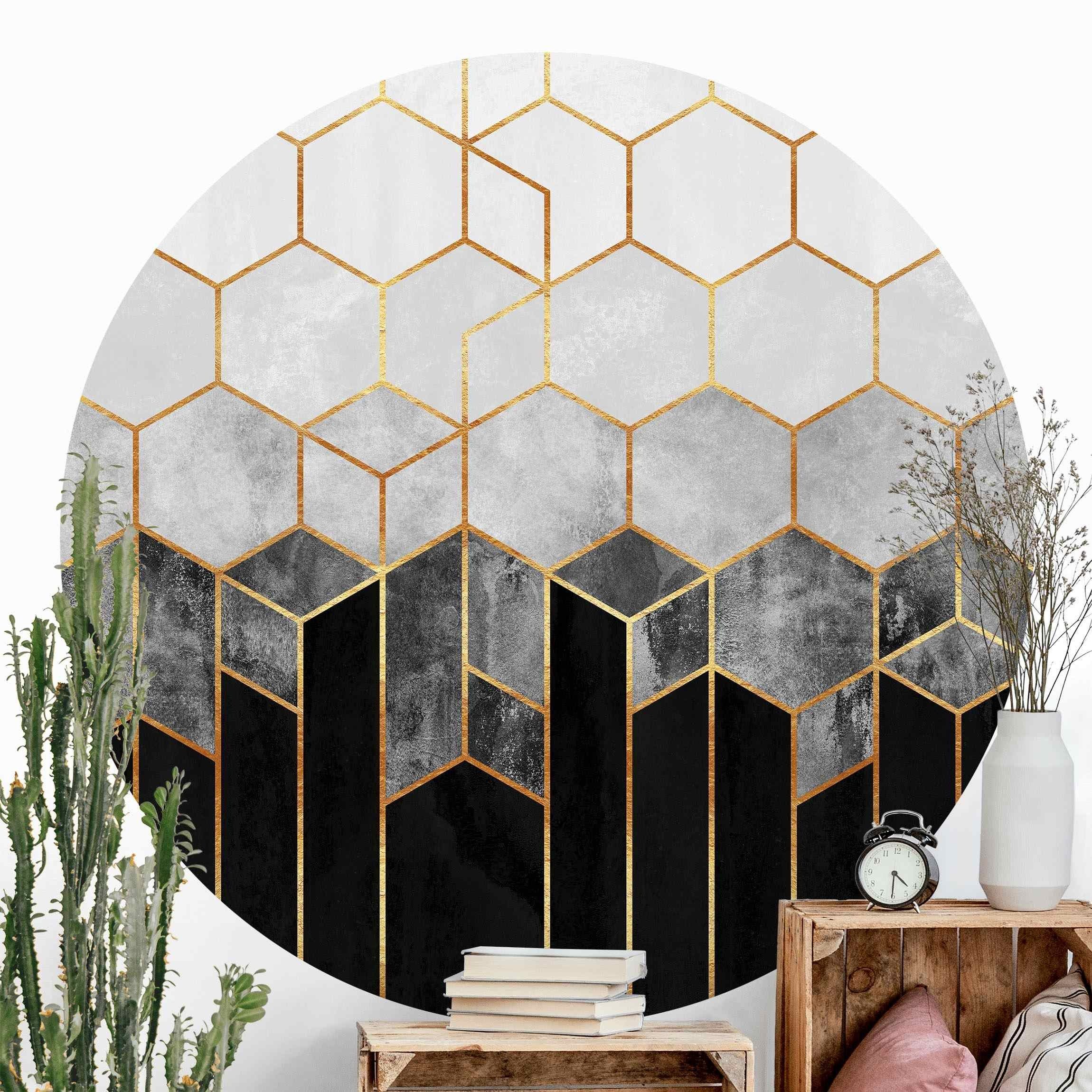 Bilderdepot24 Mustertapete rund Abstrakt Goldene Sechsecke Schwarz Weiß Tapete Kunst, Glatt, Matt, (Vliestapete selbstklebend), Wohnzimmer Schlafzimmer Küche gemusterte Wandtattoo Klebe Wandtapete