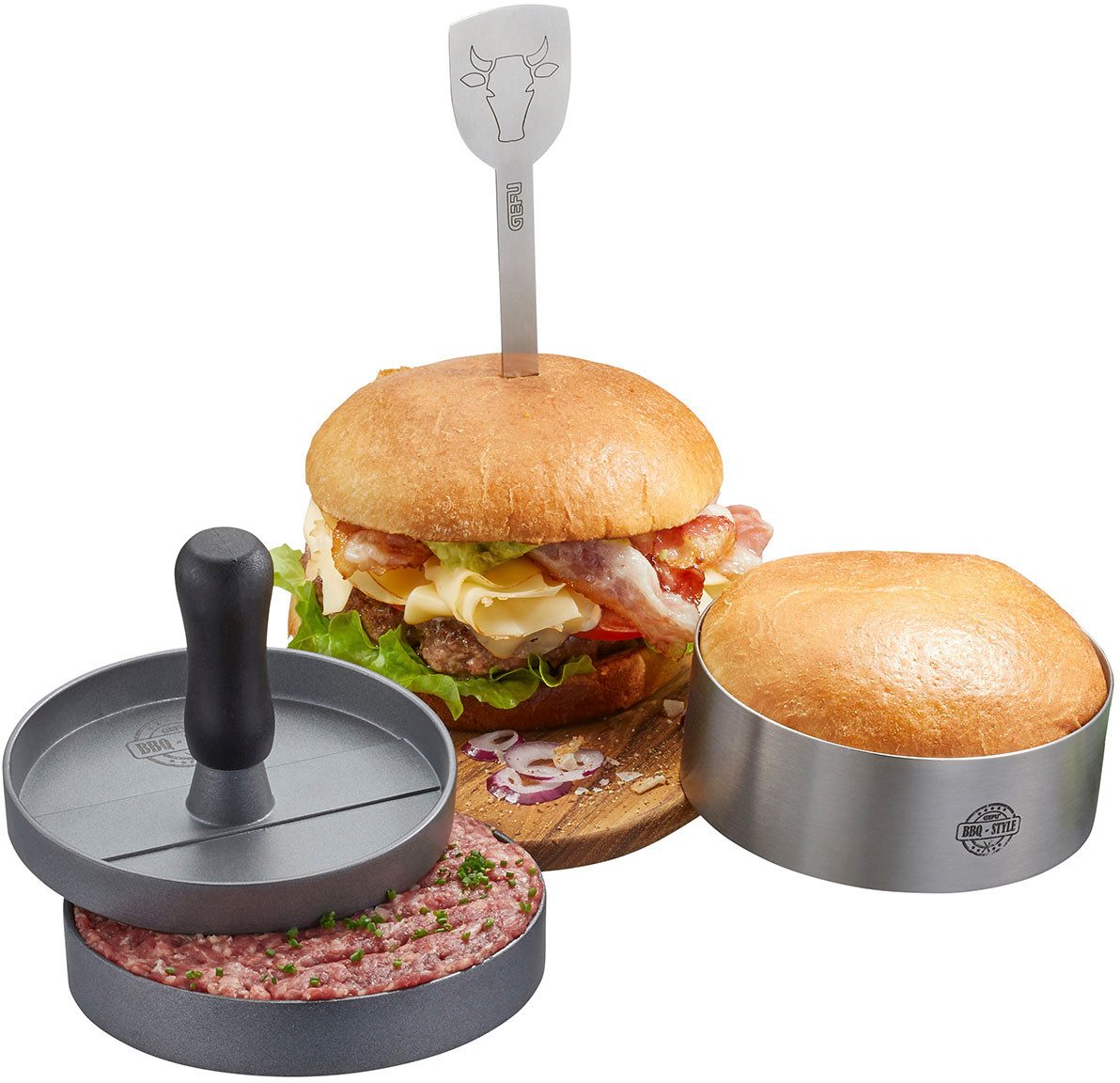 GEFU Burgerpresse BBQ (3 St), Aluminium, Edelstahl, Kunststoff, hochwertiges Edelstahl-Set für perfekte Burger, einfach zu handhaben.