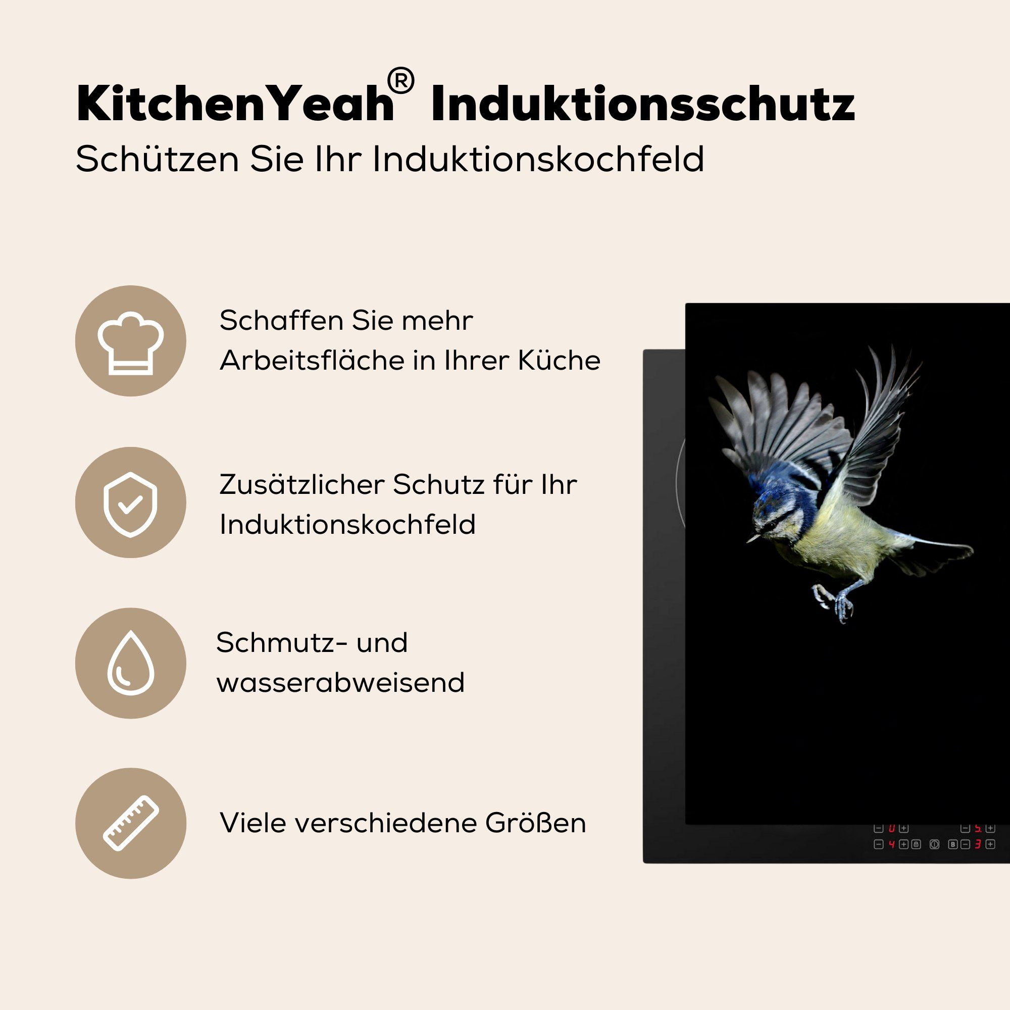 Vogel (1 küche, Ceranfeldabdeckung Porträt, Federn MuchoWow Vinyl, cm, die - - für Induktionsmatte 59x52 Herdblende-/Abdeckplatte tlg),