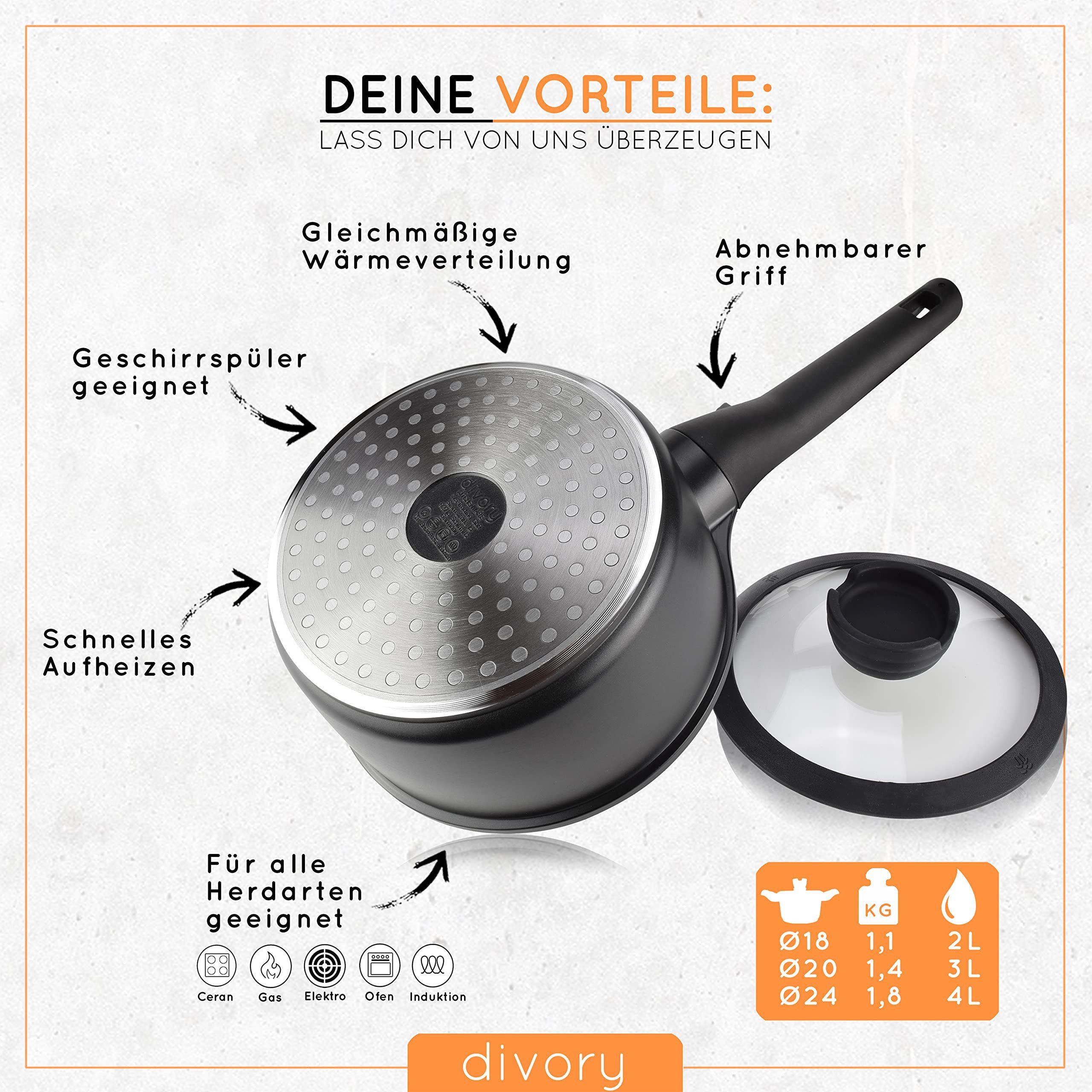 divory Kasserolle 18cm Abnehmbarer Griff - 2L Stielkasserolle mit Deckel, Aluminium (Induktion, Spülmaschinen geeignet & Backofenfest, Schwarz), Stieltopf klein - Milchtopf beschichtet, abnehmbarer Stielgriff