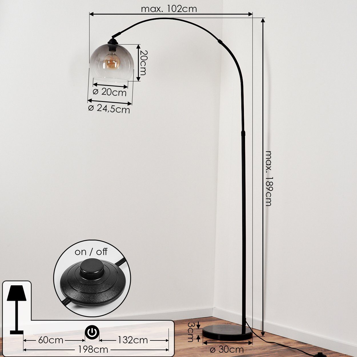 hofstein Bogenlampe Stehlampe aus Metall/Glas/Marmor in Schwarz/Rauchfarben/Klar, ohne Leuchtmittel, verstellbare Bogenlampe Ø24,5cm Marmor-Fuß, 1xE27, ohne Leu – Bild 4 von 5