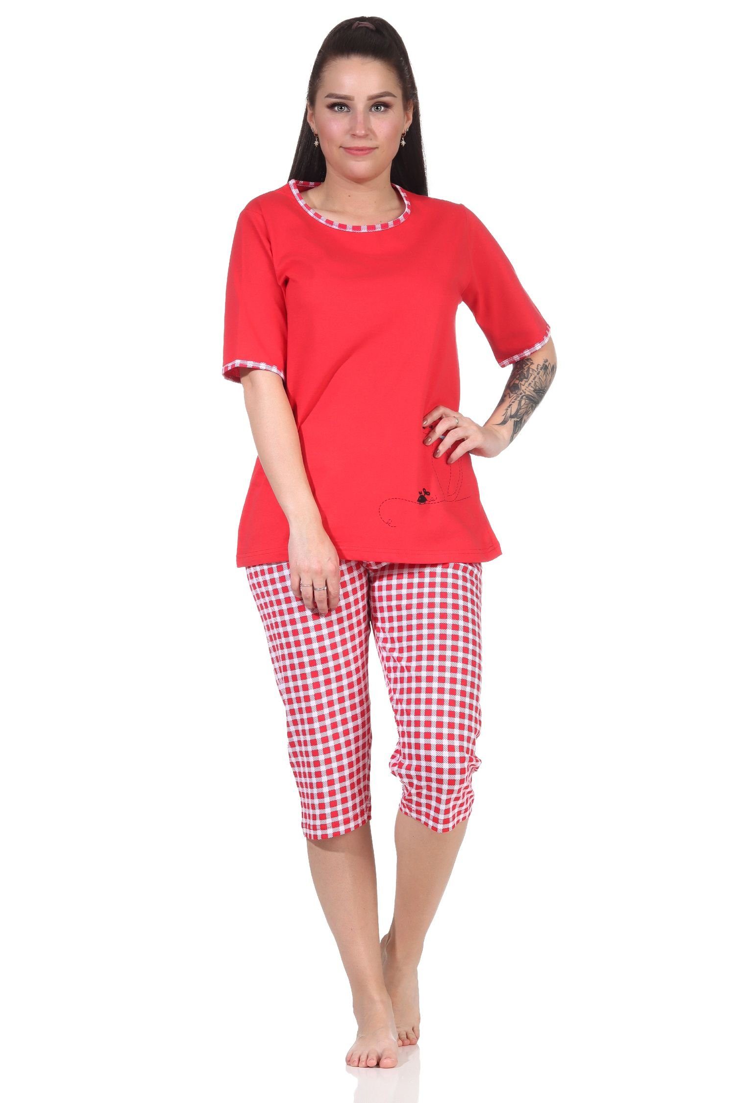 RELAX by Normann Pyjama Damen kurzarm Capri Schlafanzug mit süßen Katzen Motiv rot