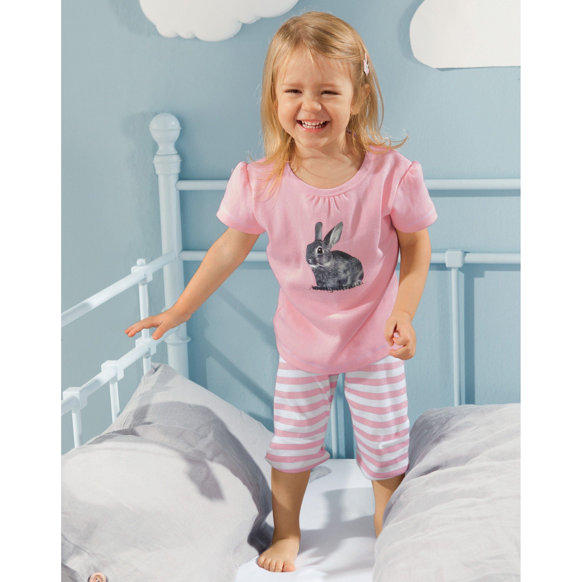Erwin Müller Pyjama Kinder-Shorty Single-Jersey Streifen: Hose, gestrickter Streifen/Tiermotive: Hase