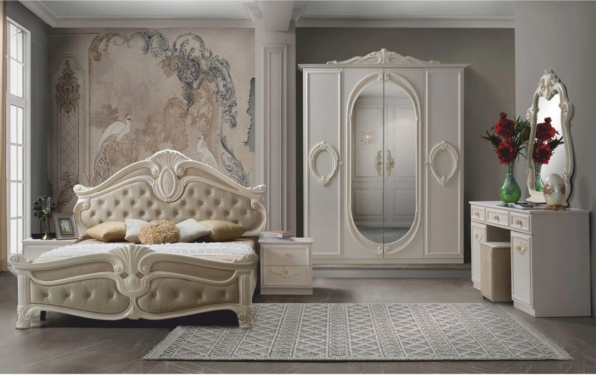 Interdesign24 Schlafzimmer-Set Aurora, (7-teilig, im klassischen Barock Stil, inkl. Bett 180 x 200 cm mit gepolstertem Kopf- und Fußteil), in Cremeweiß/Beige