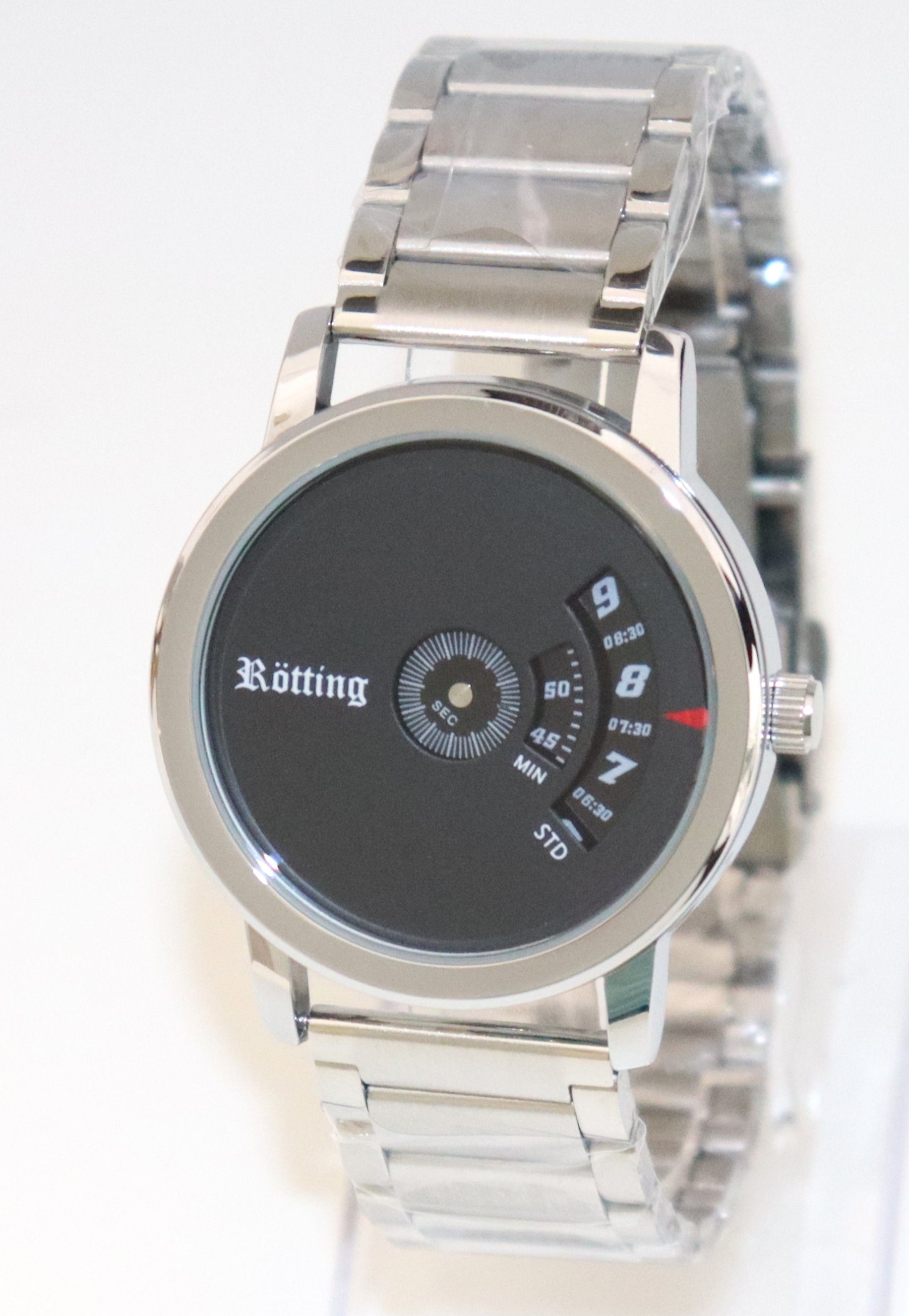 Rötting Design Quarzuhr Herrenuhr schwarzes Ziffernblatt mit einer innovativen Zeitanzeige, aus der Collection "Rötting"