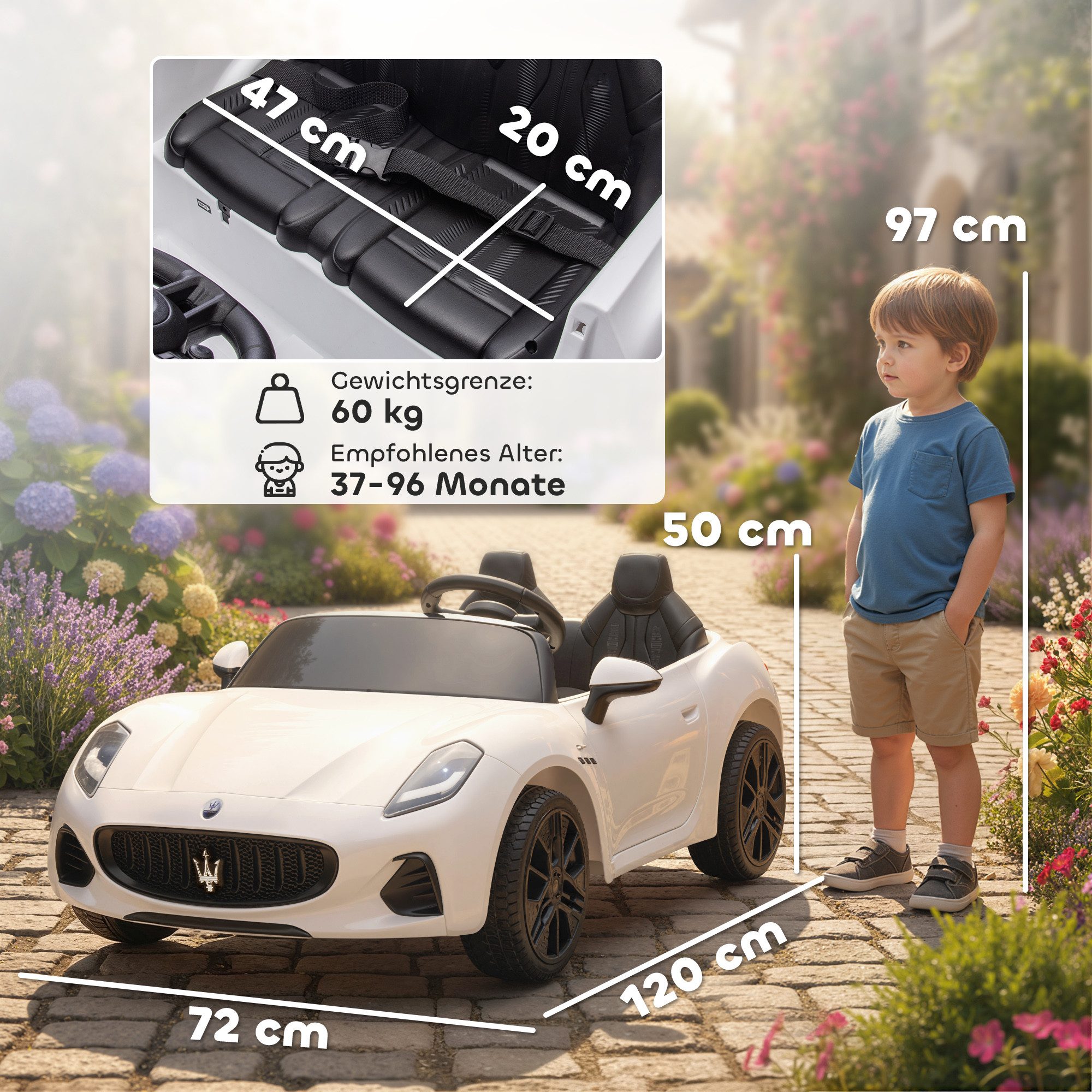 AIYAPLAY Elektro-Kinderauto 12V Kinderauto mit Fernbedienung, Belastbarkeit 60 kg, (1-tlg), für 37-96 Monate, Weiß