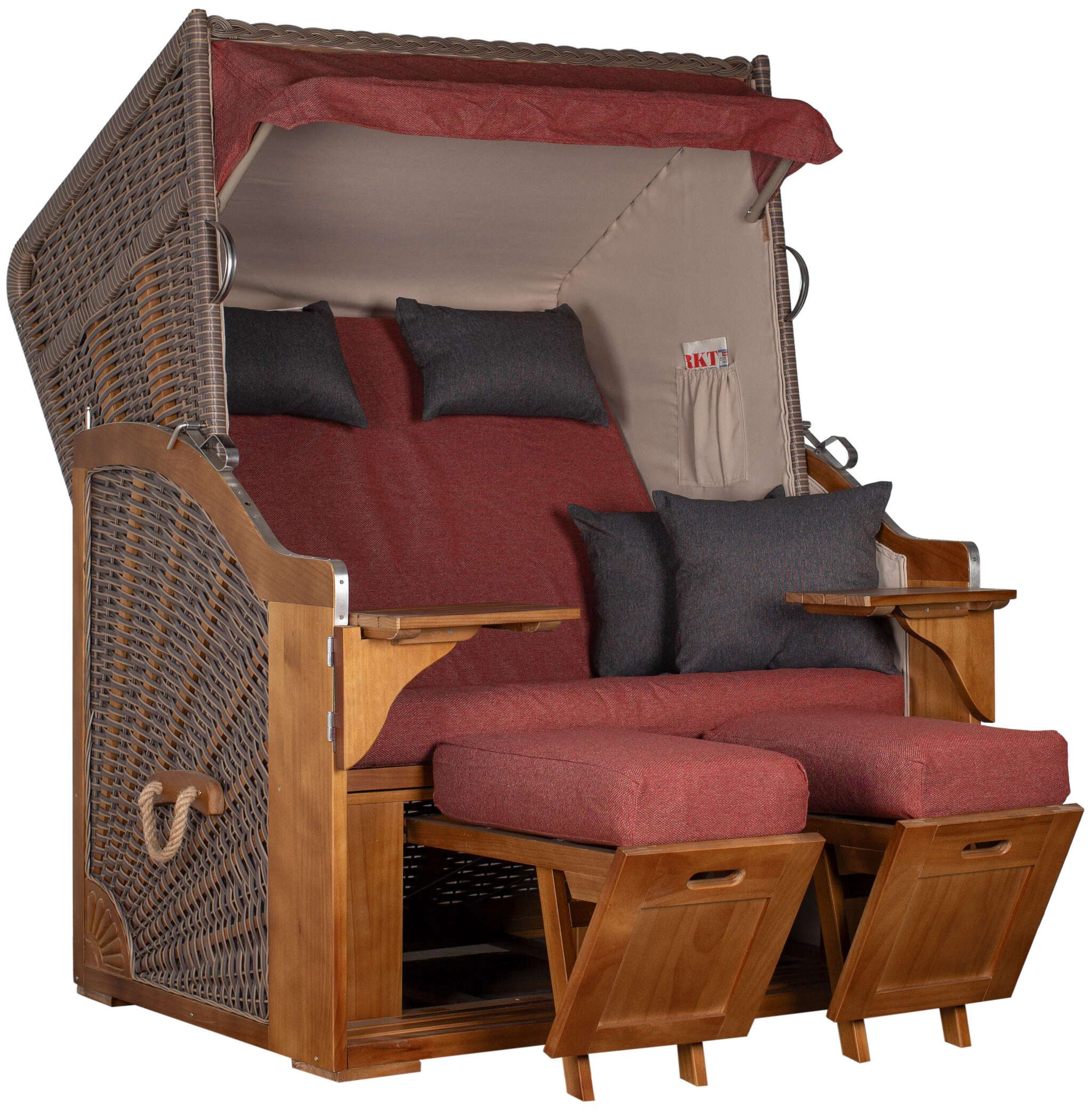 MR.DEKO Strandkorb 2-Sitzer Schleswig Pinie Braun PE Mokka, aufgebaut geliefert, BxTxH: 120x80x160 cm, 2-Sitzer, Schleswig, (Zweisitzer Strandkorb mit Bistrotischen & Fußstützen), Bereits montiert, UV-beständig, Volllieger & Edelstahl-Beschläge