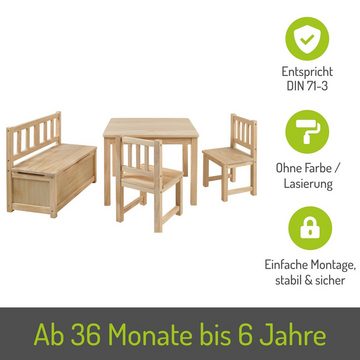BOMI Kindersitzgruppe Holzsitzgruppe Anna, (4-tlg), Kindertischgruppe aus Holz (4tlg. Tisch, Kinderbank, 2 x Stühle)