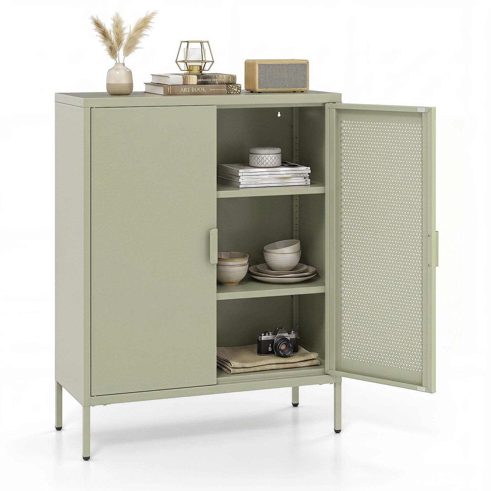 COSTWAY Sideboard Küche, Wohnzimmer, mit magnetischer Tür Buffetschrank Metall, Flurschrank