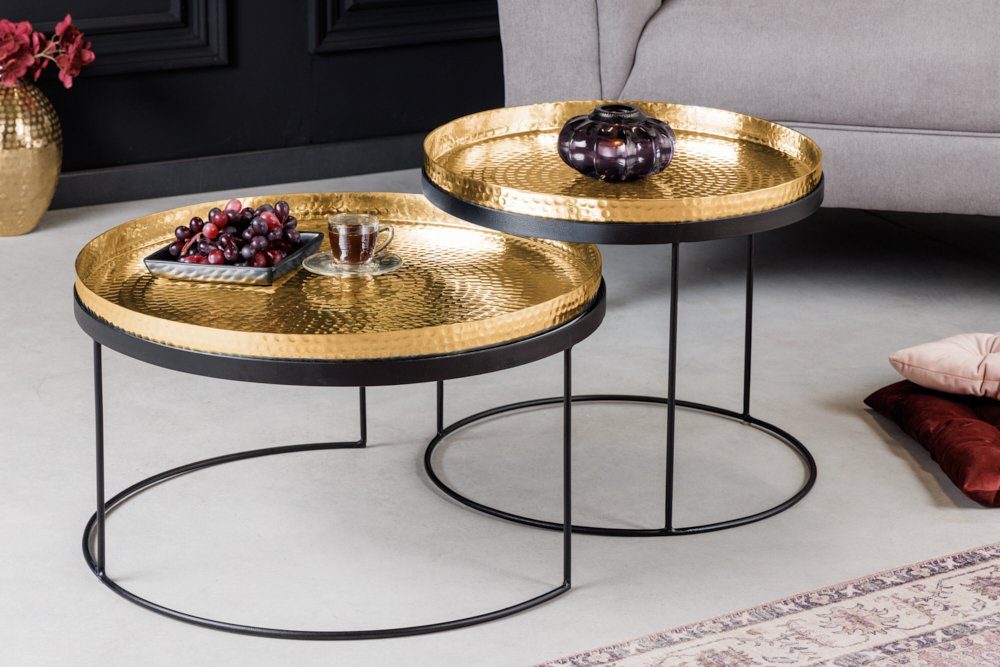 · ELEMENTS rund Metall 2-St), abnehmbare · Ø60cm Design gold Wohnzimmer gold Hammerschlag (Set, · gold / Platte · Couchtisch | schwarz riess-ambiente