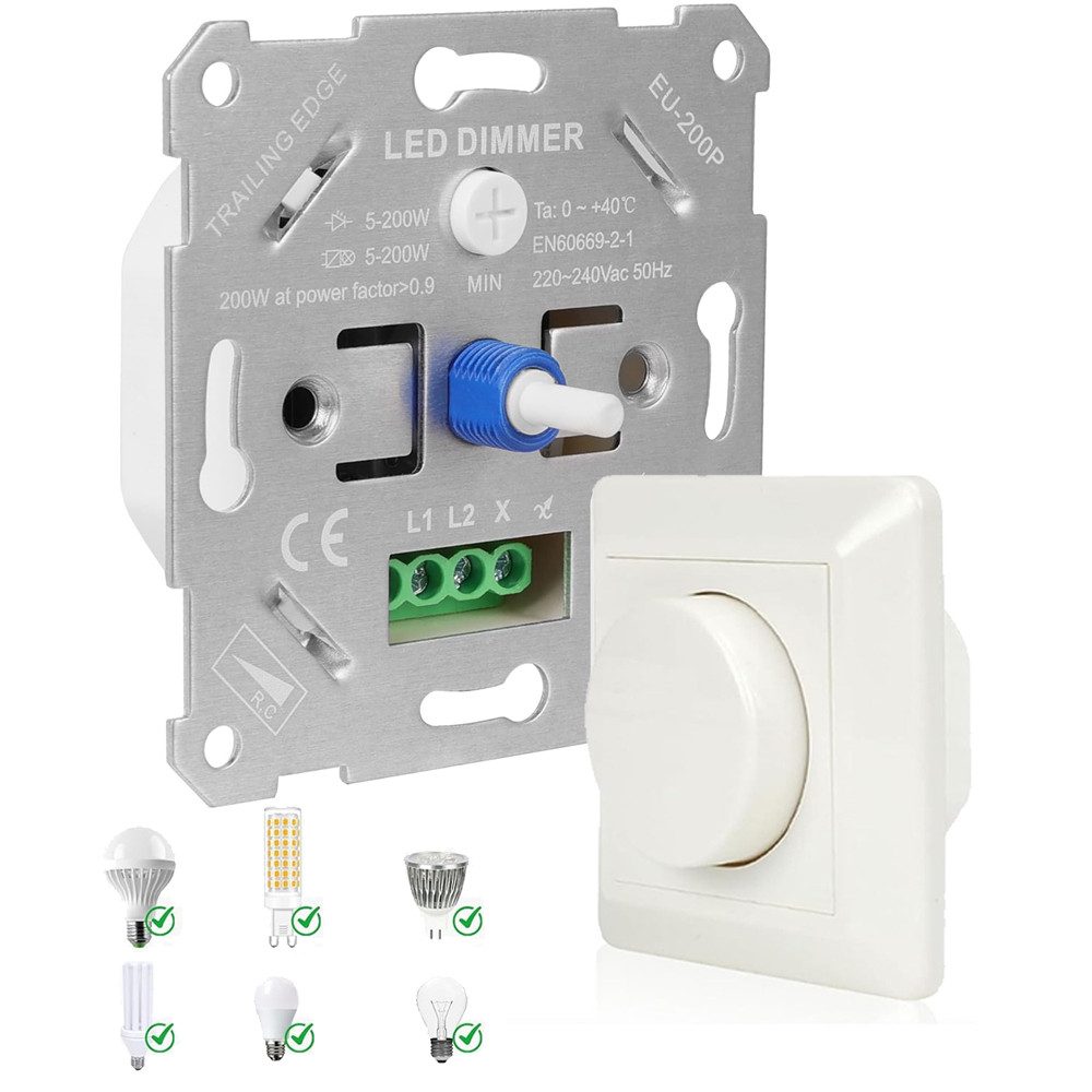 PRIISF Unterputz-Steckdose Drehdimmer LED Halogen Glühlampe Phasenabschnitt Dimmer Dimmschalter, für 5 bis 200W Dimmbare Lampen Schalter Lichtschalter Universal, mit Unterputzdose & Abdeckung Dimmer-Schalter Dimmschalter, geeignet Busch-Jäger, GIRA, Berker, Jung, Kopp, Legrand, Merten usw