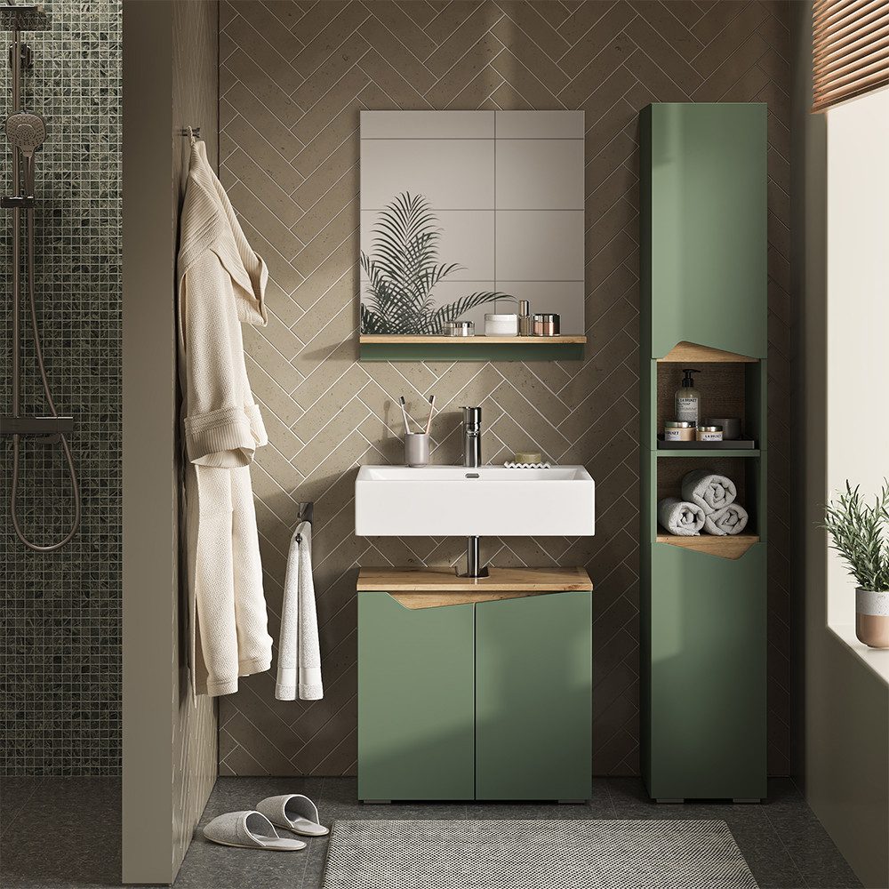 Vicco Badmöbel-Set Marelle, Grün/Artisan, 3 Teile, mit Hochschrank, (3-St., 3er Set)