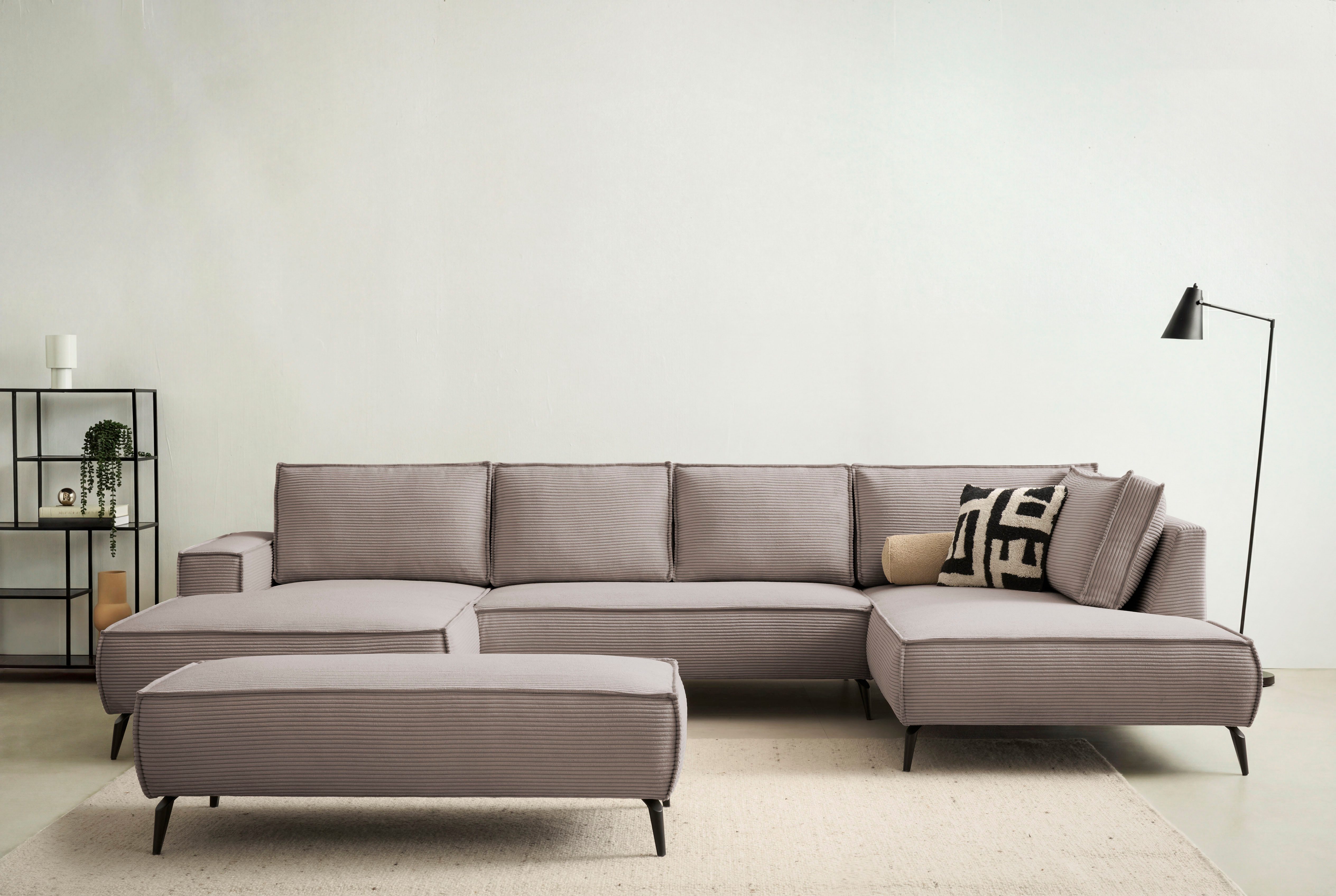 Home affaire Wohnlandschaft Tvinnu, moderne U-Form, Couch in Cord oder Webstoff in Leinenoptik, Set 2 Teile, Recamiere rechts/links, schwarze Metallfüße, bequeme Sitz-/Liegefläche