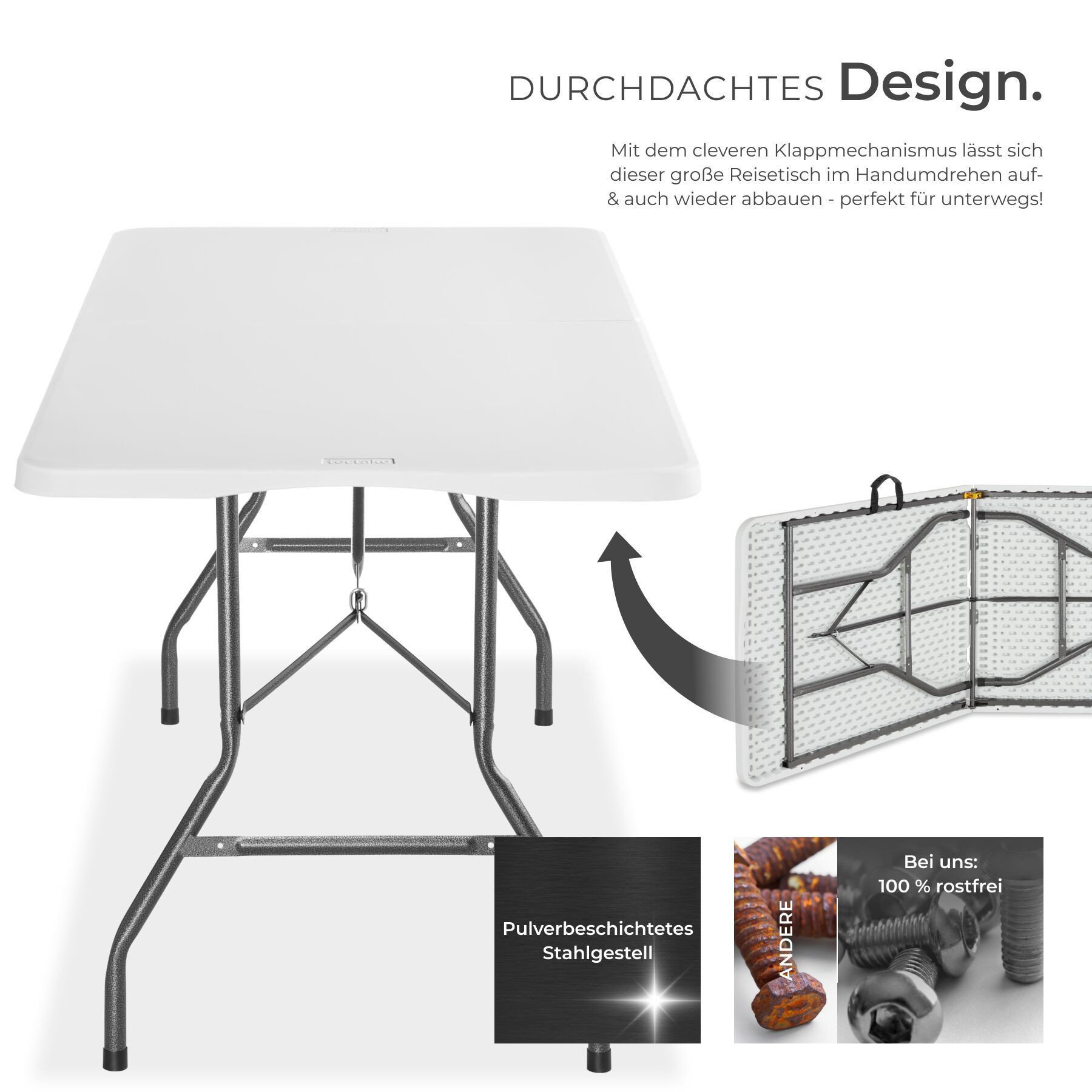 tectake Campingtisch Outdoor-Tisch klappbar, gummierter Tragegriff, 120 kg Belastbarkeit (Klapptisch Panja, 1-St., 1 tlg), Campingtisch zum Zusammenklappen in kompakter Kofferform