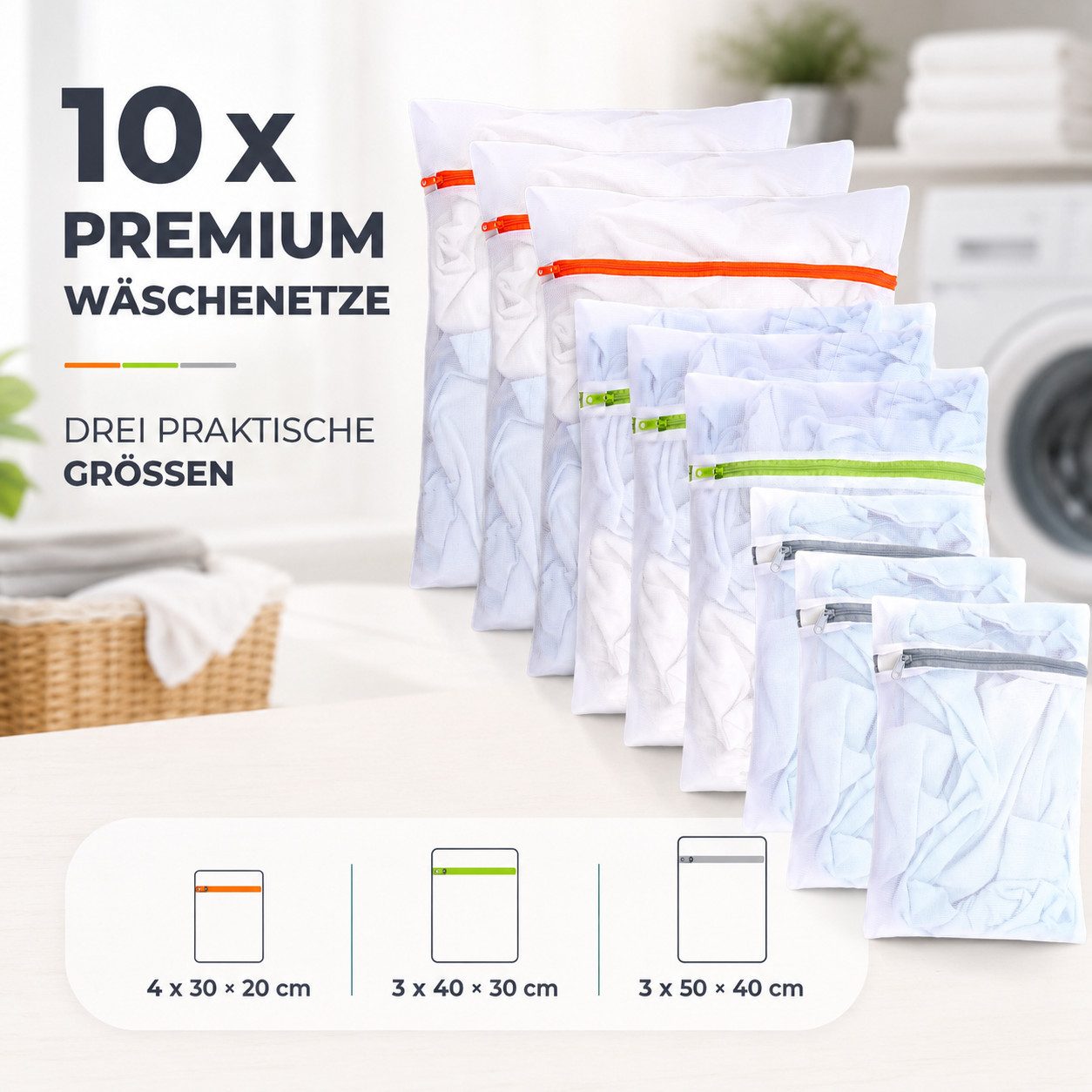 Everhomely® Wäschenetz 10x 3 Größen + Reißverschluss Wäschekorb Wäscheständer Wäschesammler,(10er Set, 10-St), 3 Verschiedene Größen