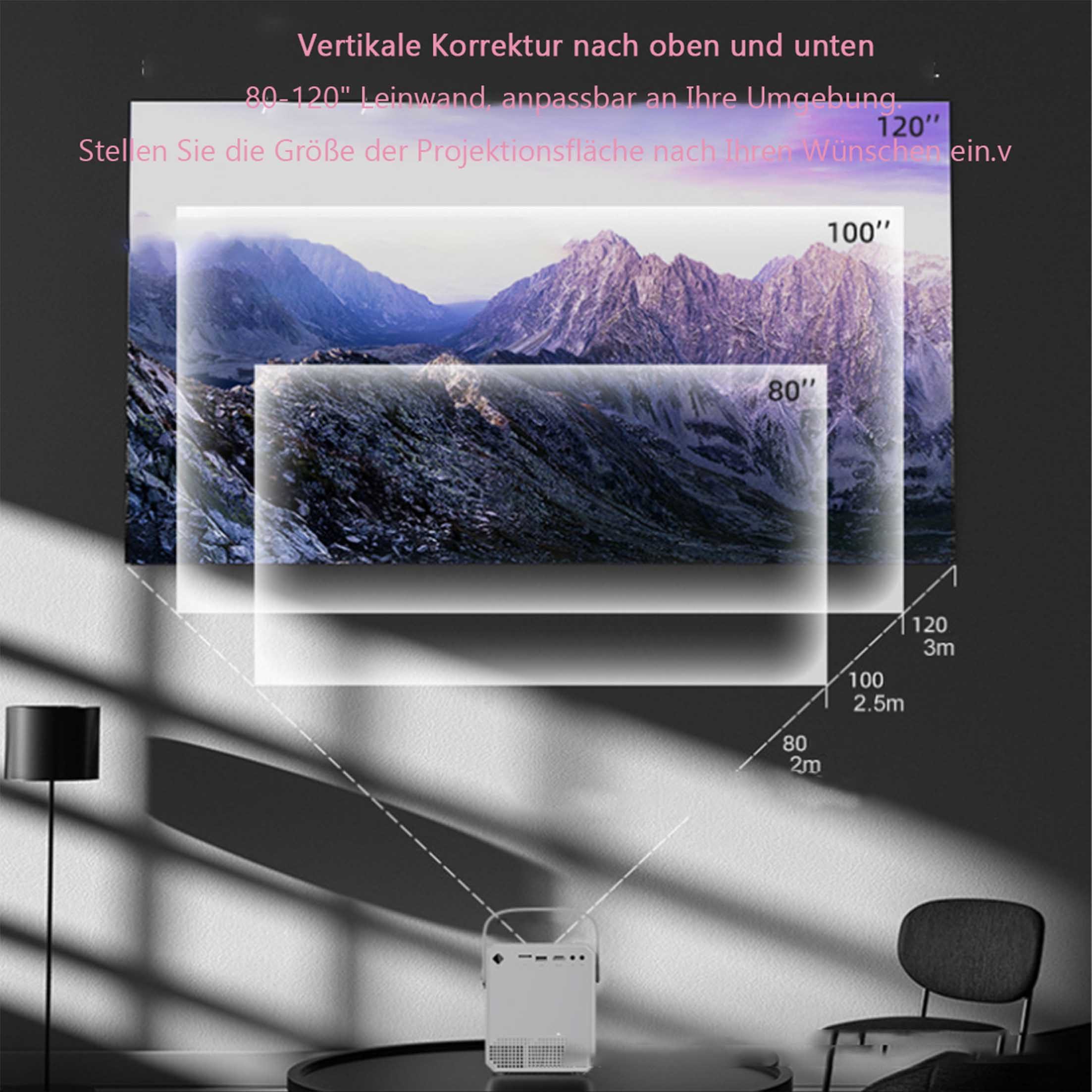 KINSI Mini-Beamer, Heimkino-Projektor, unterstützt 5G WiFi, BT5.0 Mini-Beamer (180 lm, 1036 × 600 px, Ideal für Heimkino und Camping, mobiles Screen Mirroring)