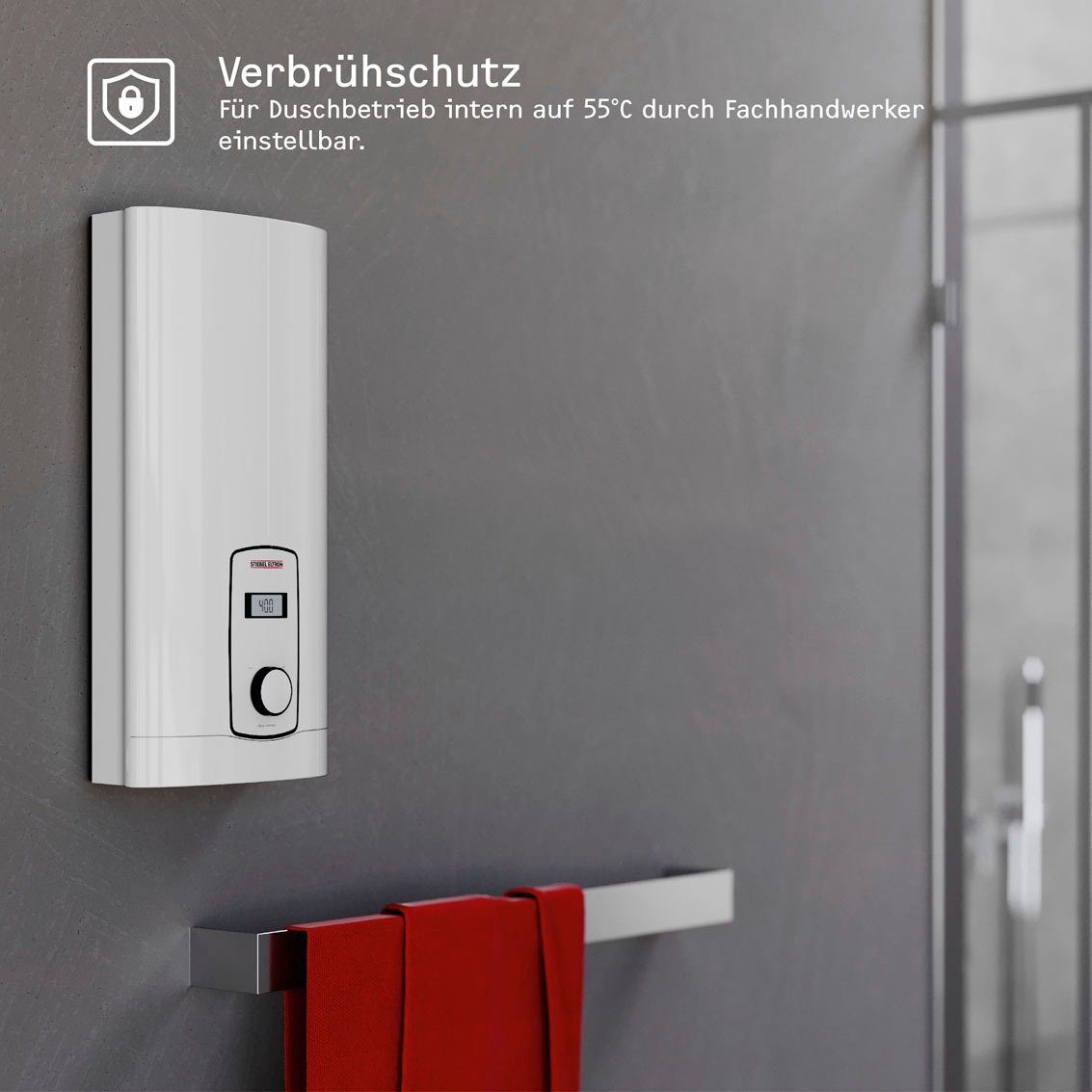 STIEBEL ELTRON Komfort-Durchlauferhitzer DHB-E 18/21/24 LCD, gradgenaue Temperaturwahl, elektronisch, min. 20 °C, max. 60 °C, 3i Technologie für konstante Warmwassertemperatur