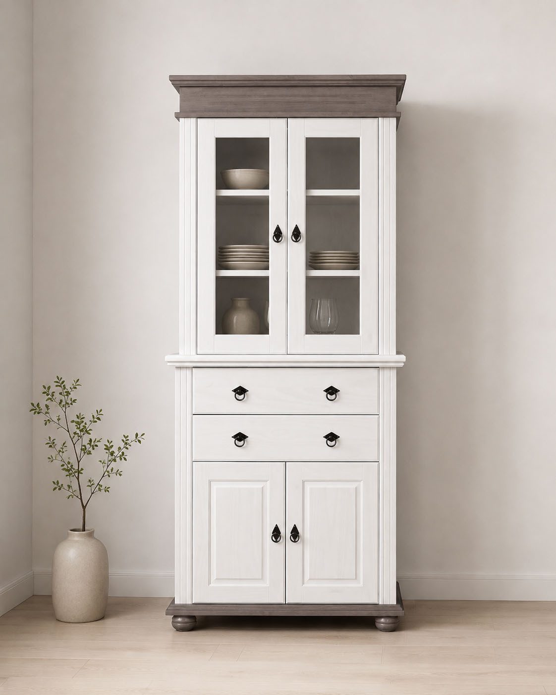 Inter Link Vitrine Halmaro, Kiefer Massivholz, Weiss/Grau-Lava, 101 x 46,30 x 220 cm (1-St) Buffet im Laudhausstil, Küchenschrank mit Glastüren, viel Stauraum