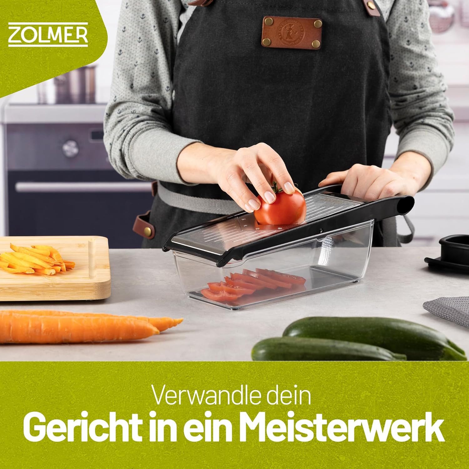 ZOLMER Gemüseschneider erstellbarer Gemüsehobel mit Zwei extra scharfen Julien Messer, Gemüsereibe inkl. Fingerschutz und Auffangschale