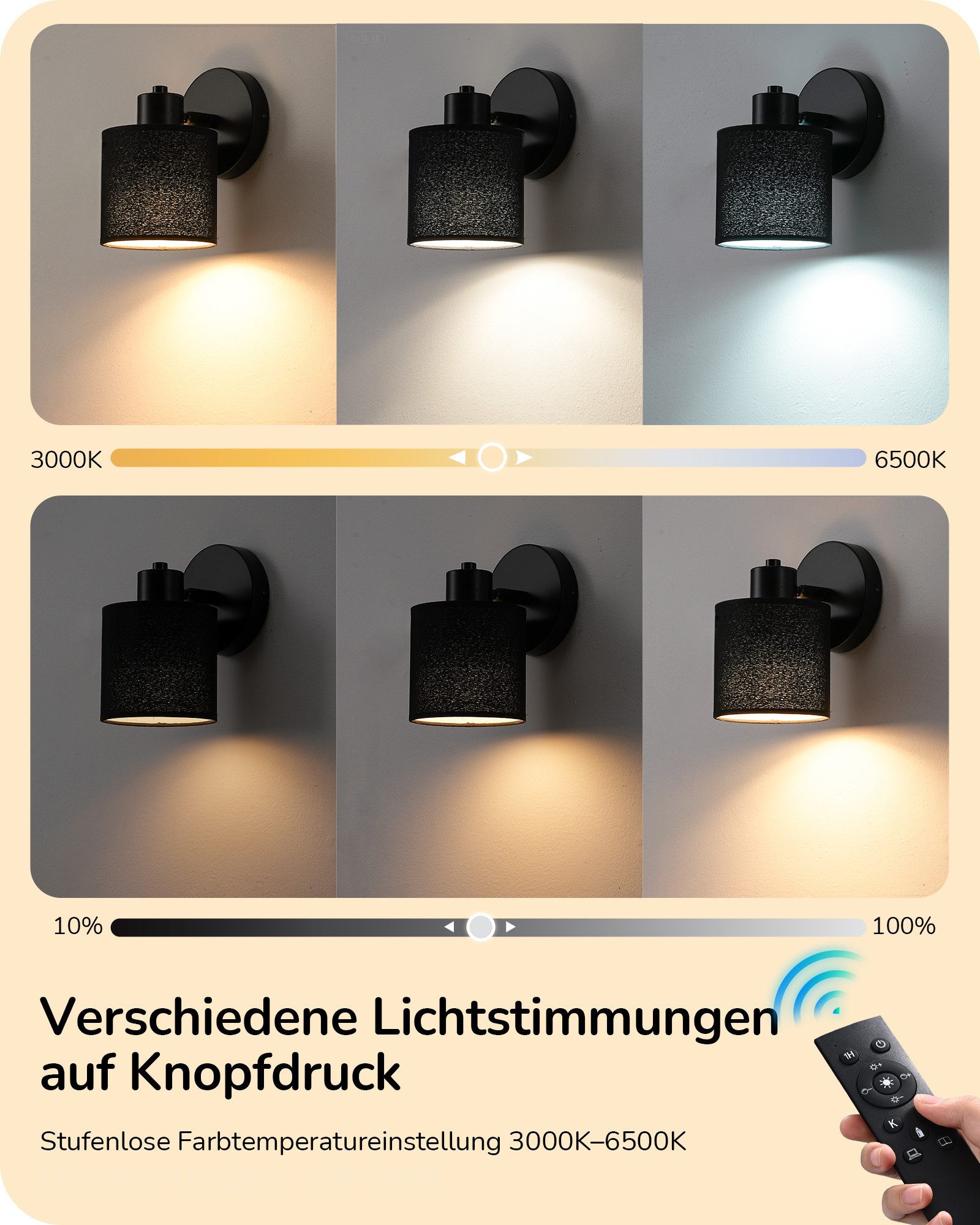 EDISHINE Wandleuchte 2er Set moderner Innen-Wandleuchten, LED wechselbar, 3000K-6500K, Stufenlos dimmbar, 3 Lichtfarben, inkl. Glühbirnen und Fernbedienung