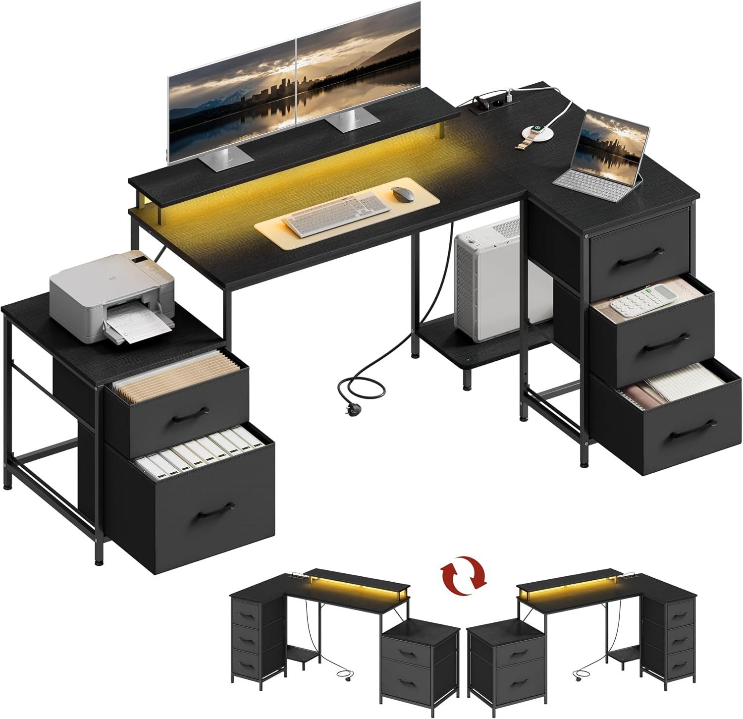 Woltu Eckschreibtisch, Schreibtisch L Form 180x80cm mit 5 Schubladen 2 Ablagen&Steckdosen LED