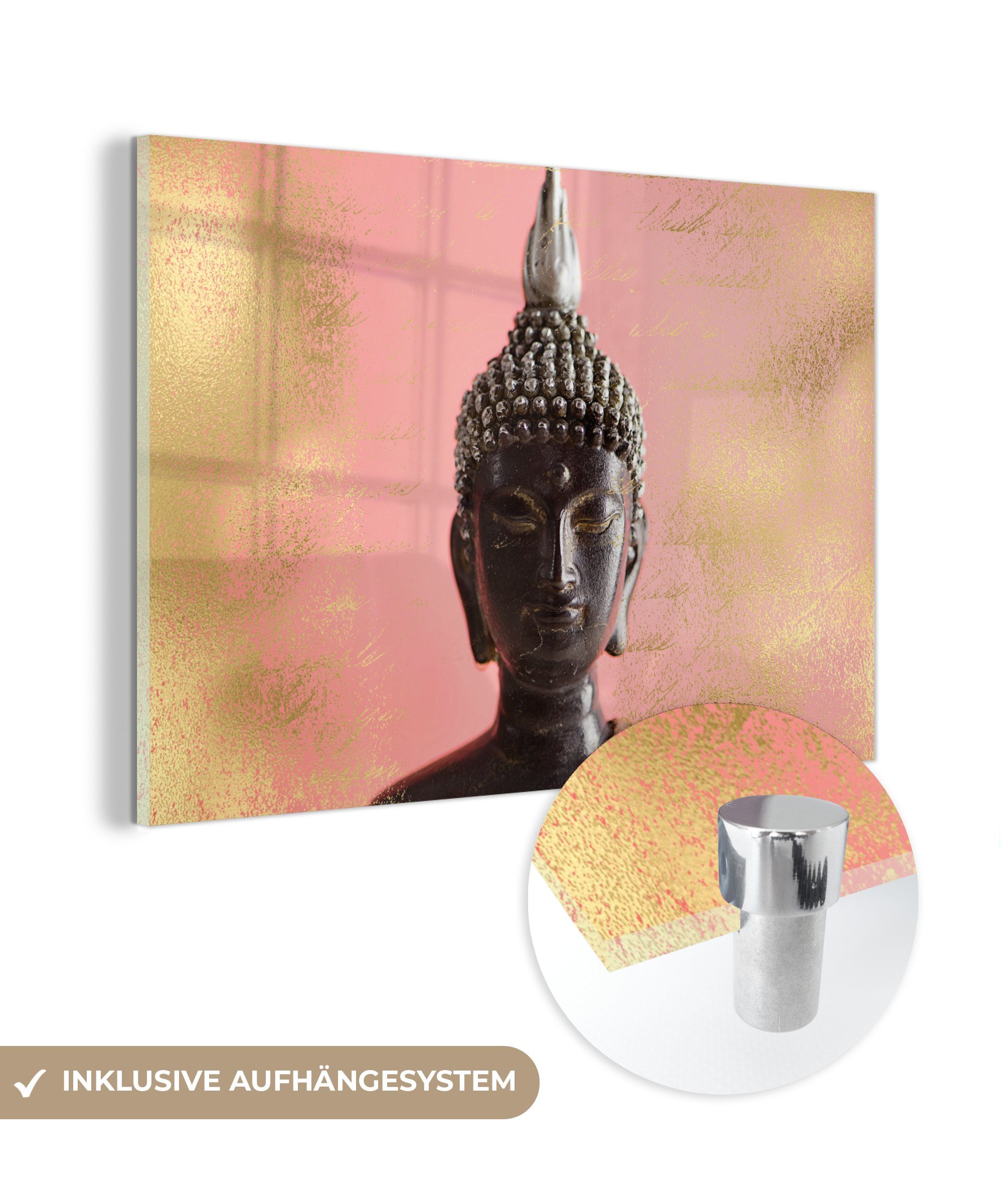 MuchoWow Acrylglasbild Buddha - Gelb - Rosa, (1 St), Acrylglasbilder Wohnzimmer & Schlafzimmer