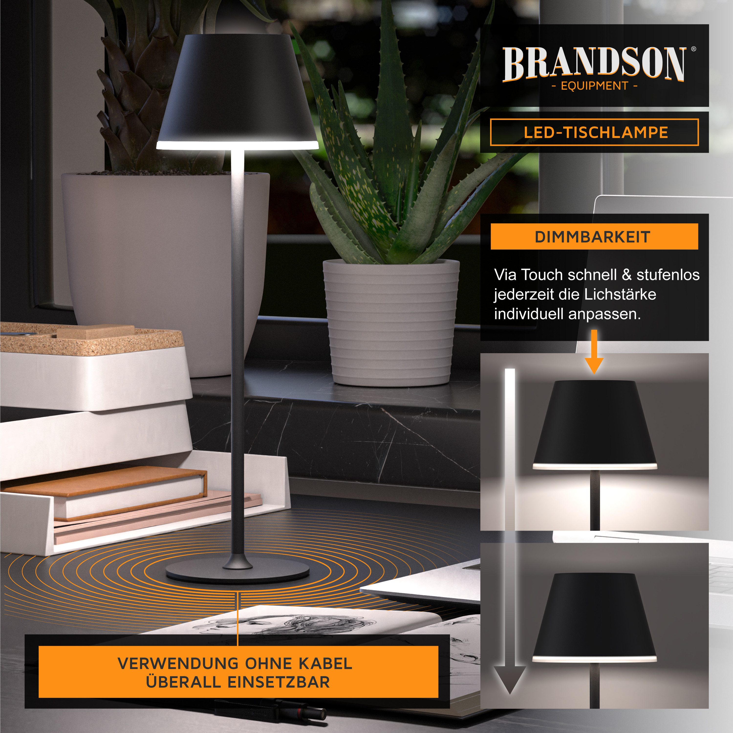 Brandson LED Tischleuchte mit Akku, Kabellos, mit Touch, Helligkeit stufenlos dimmbar, aus Metal, Dimmfunktion; Ein-/Ausschalter; Farbwechsel; mehrere Helligkeitsstufen, LED fest integriert, Kaltweiß, Neutralweiß, Warmweiß, Tischlampe, Nachttischlampe, Leselampe, Schreibtischlampe, großer Akku