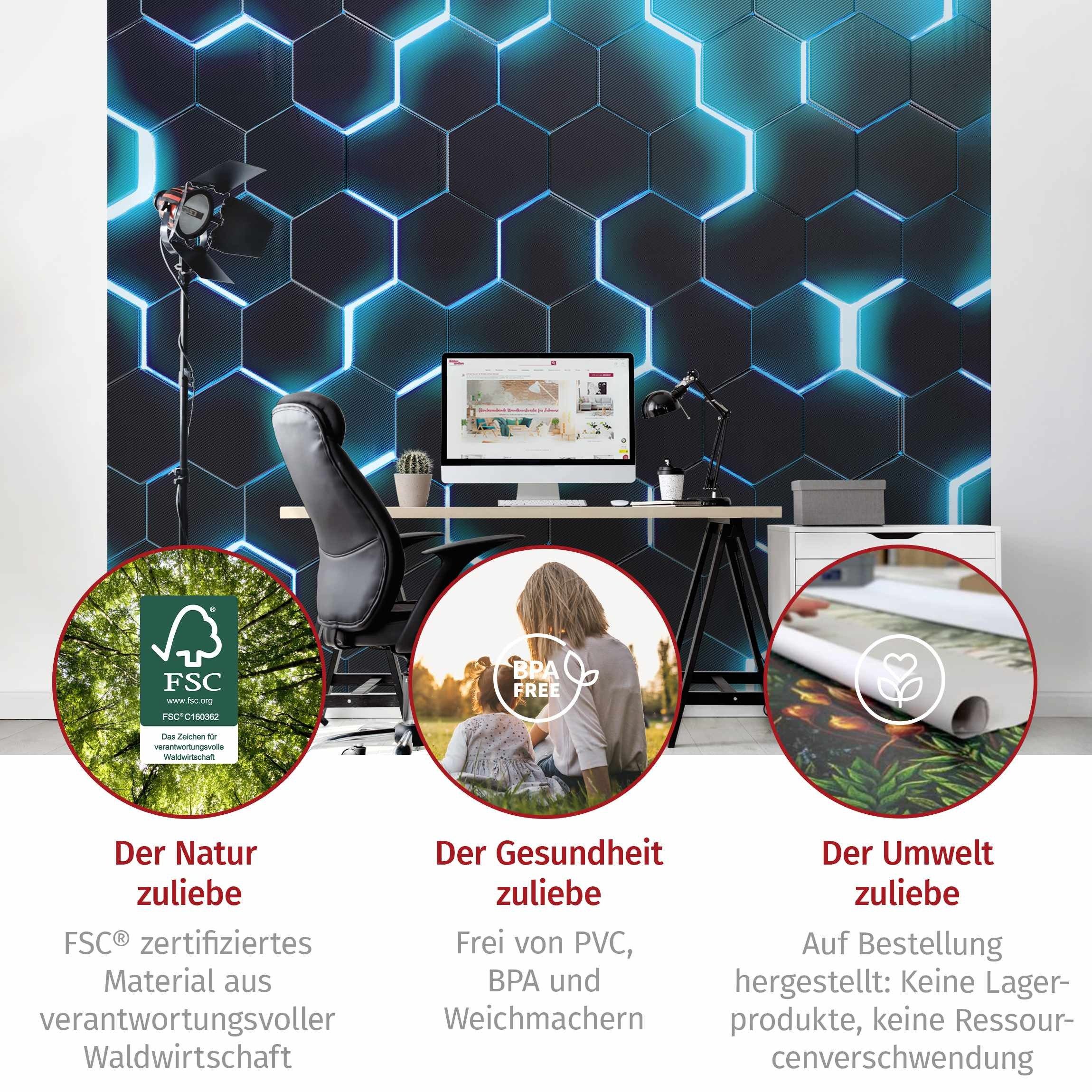 Bilderdepot24 Mustertapete Hexagone Neonlicht Türkis 3D-Optik Muster Neon Art Gaming schwarz, Glatt, Matt, (Vliestapete inkl. Kleister oder selbstklebend), Juge – Bild 5 von 5