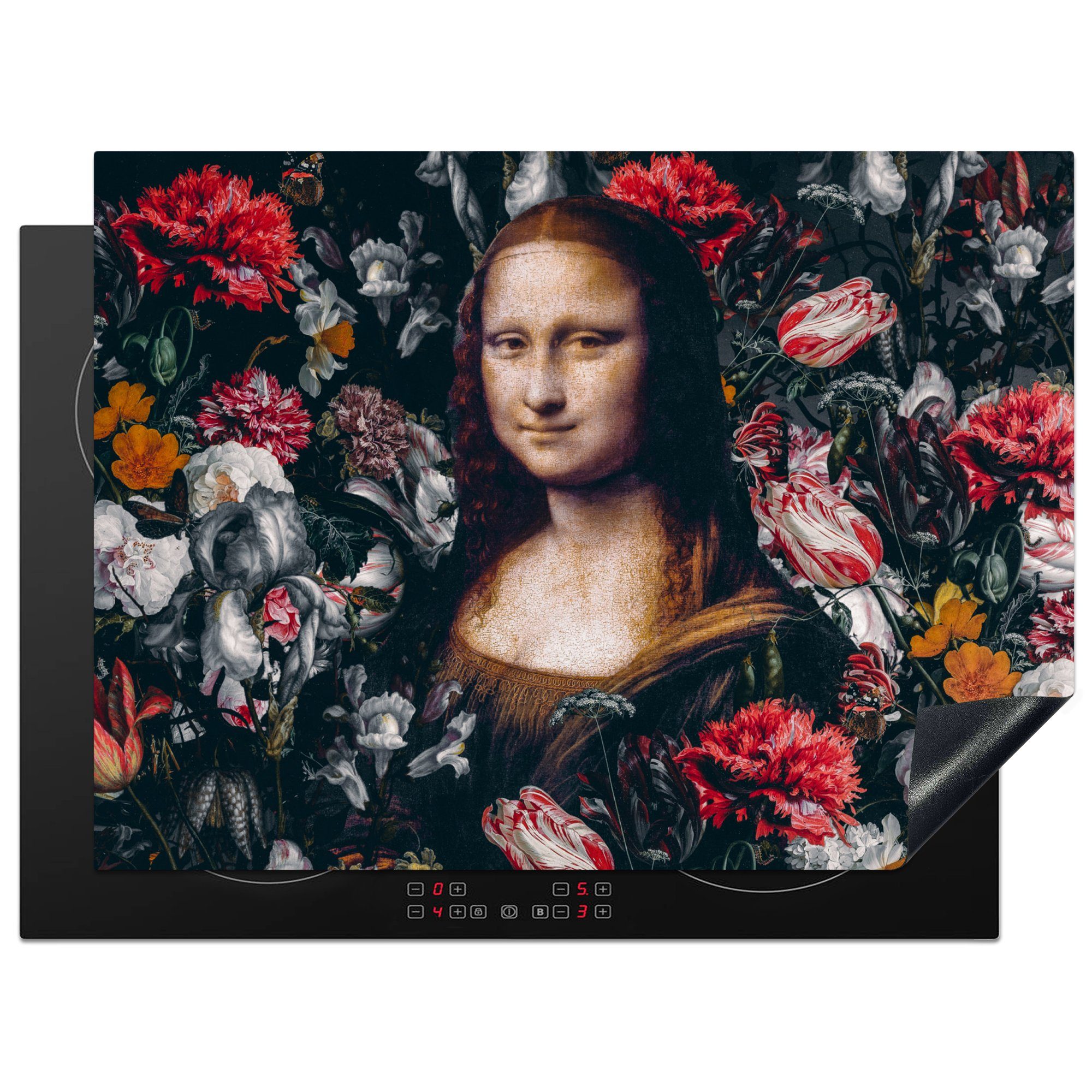 MuchoWow Herdblende-/Abdeckplatte Leonardo da Vinci - Mona Lisa - Blumen, Vinyl, (1 tlg), 71x52 cm, Induktionskochfeld Schutz für die küche, Ceranfeldabdeckung