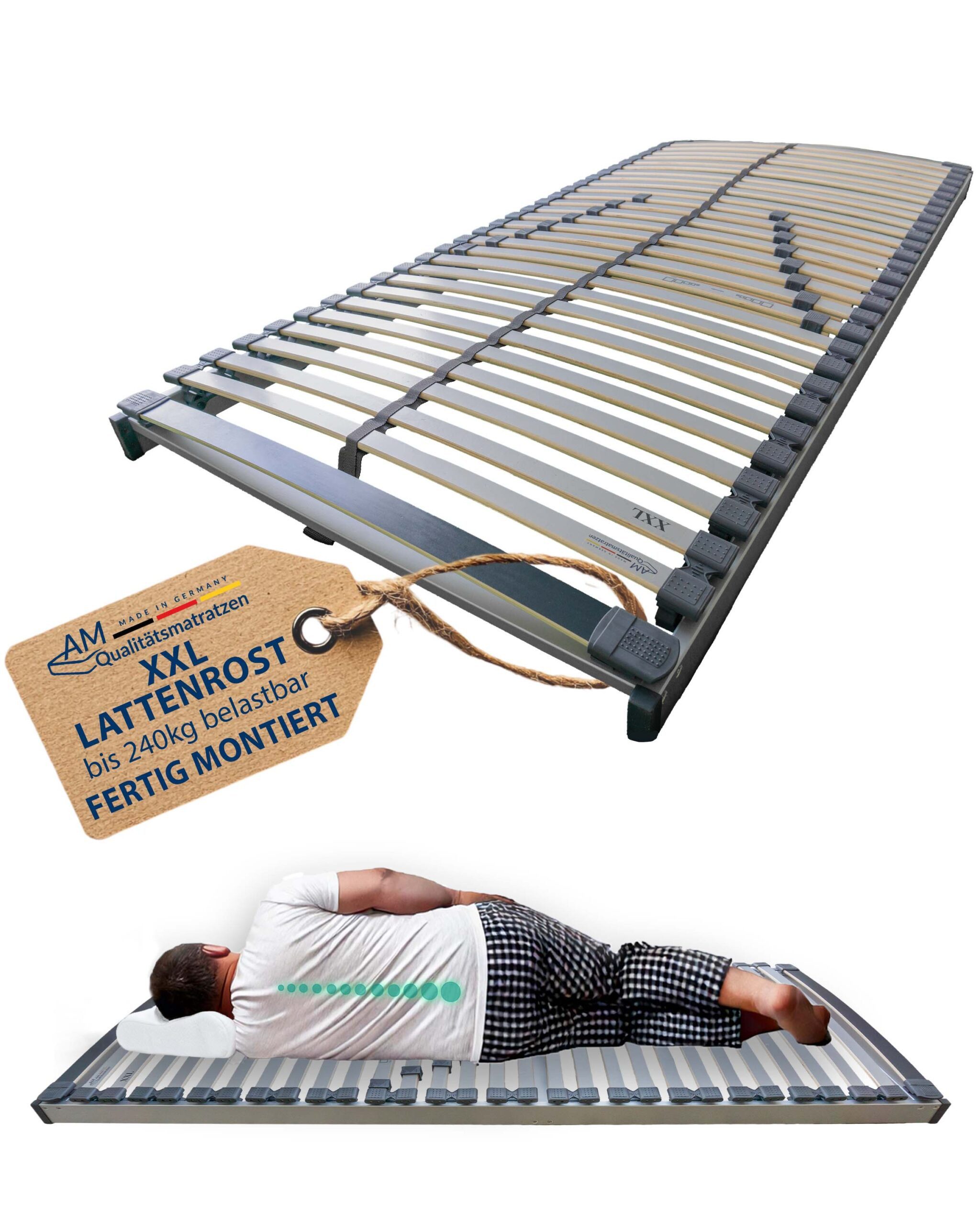 Lattenrost Stabiler XXL 7-Zonen Lattenrost bis 240 kg belastbar, Fertig Montiert, AM Qualitätsmatratzen, 80x200 cm