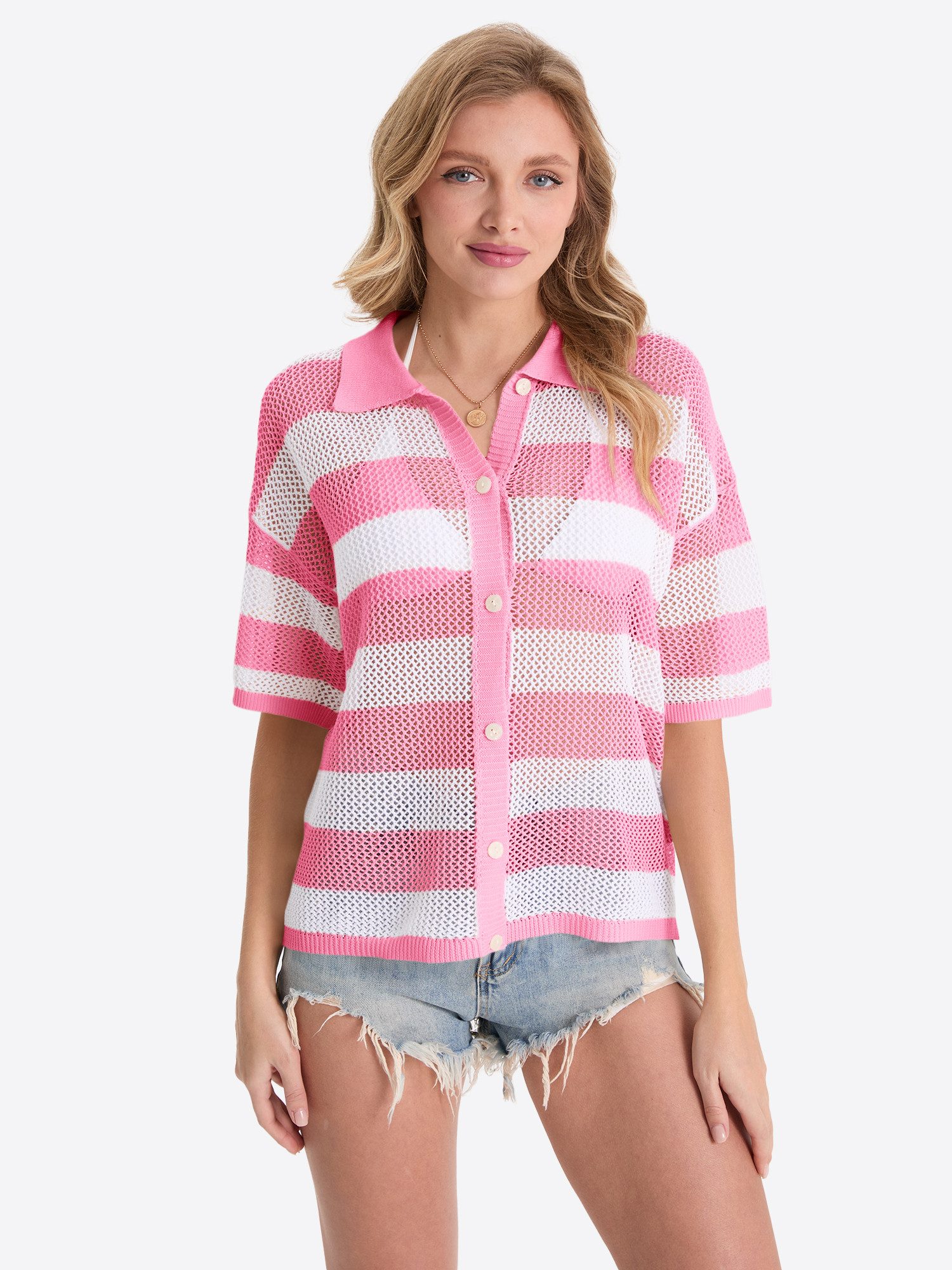 Imily Bela Strickjacke Damen Gestreifter Kurzarm Strickcardigan (Packung, 1-tlg., 1per-Pack) Reverskragen