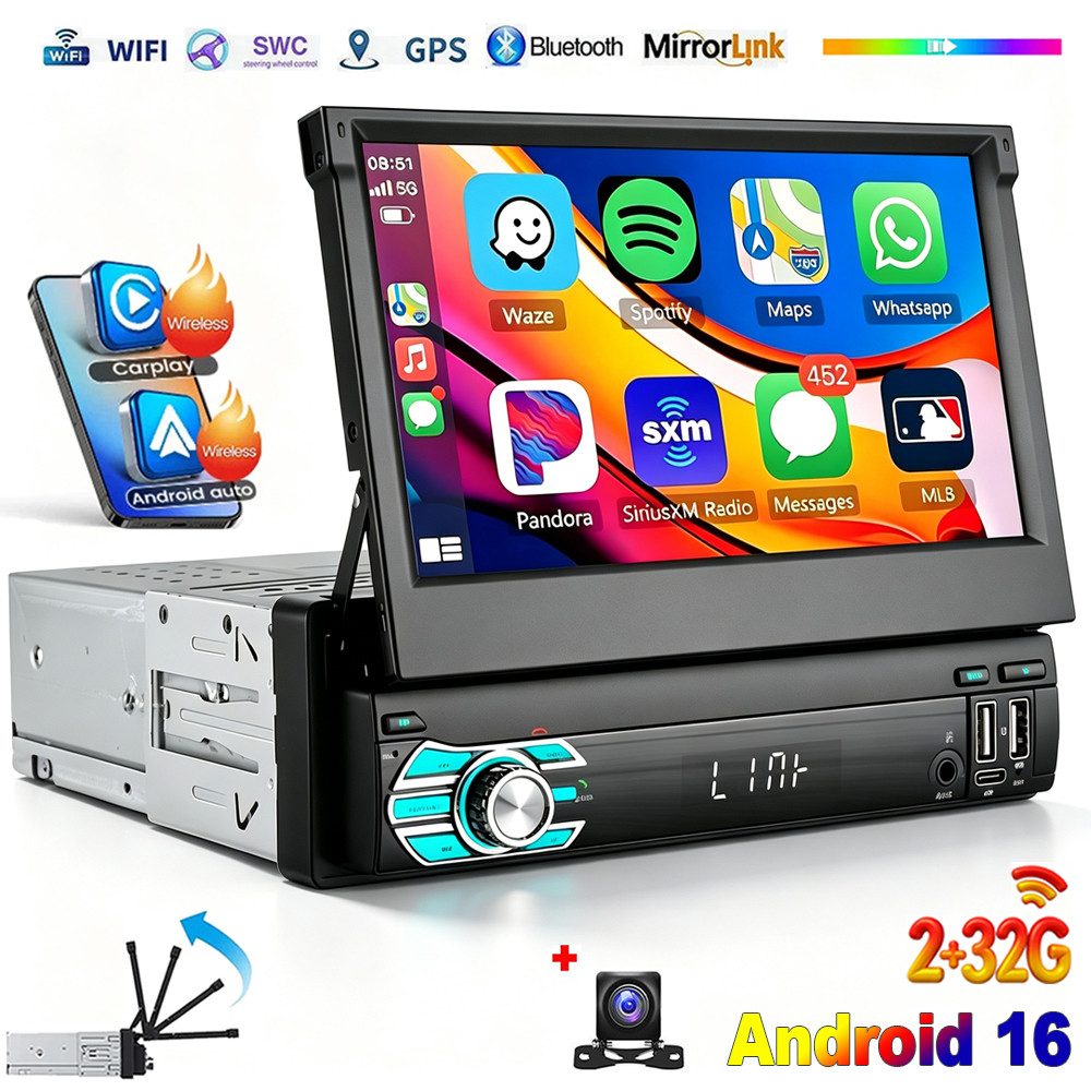 ESSGOO DAB+ 4+64G 1 DIN 7'' Flip Out Android 15/16 Carplay Autoradio GPS WIFI Navigationsgerät (Apple Carplay Android Auto GPS Navi WIFI BT EQ)