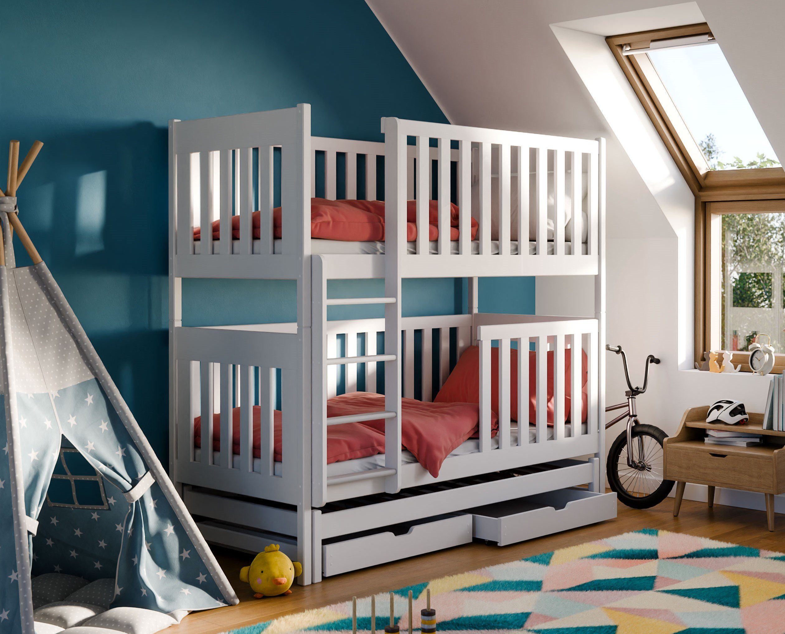 Deine Möbel 24 Etagenbett Hochbett OLIVIA für 3 Kinder 80x180 90x200 Weiß  aus Massivholz (Matratzen optional, Kinderbett mit Rausfallschutz, 2  Bettkästen, Lattenrost und Leiter), aus Vollholz, in 2 Betten umbaubar, mit  Ausziehbett