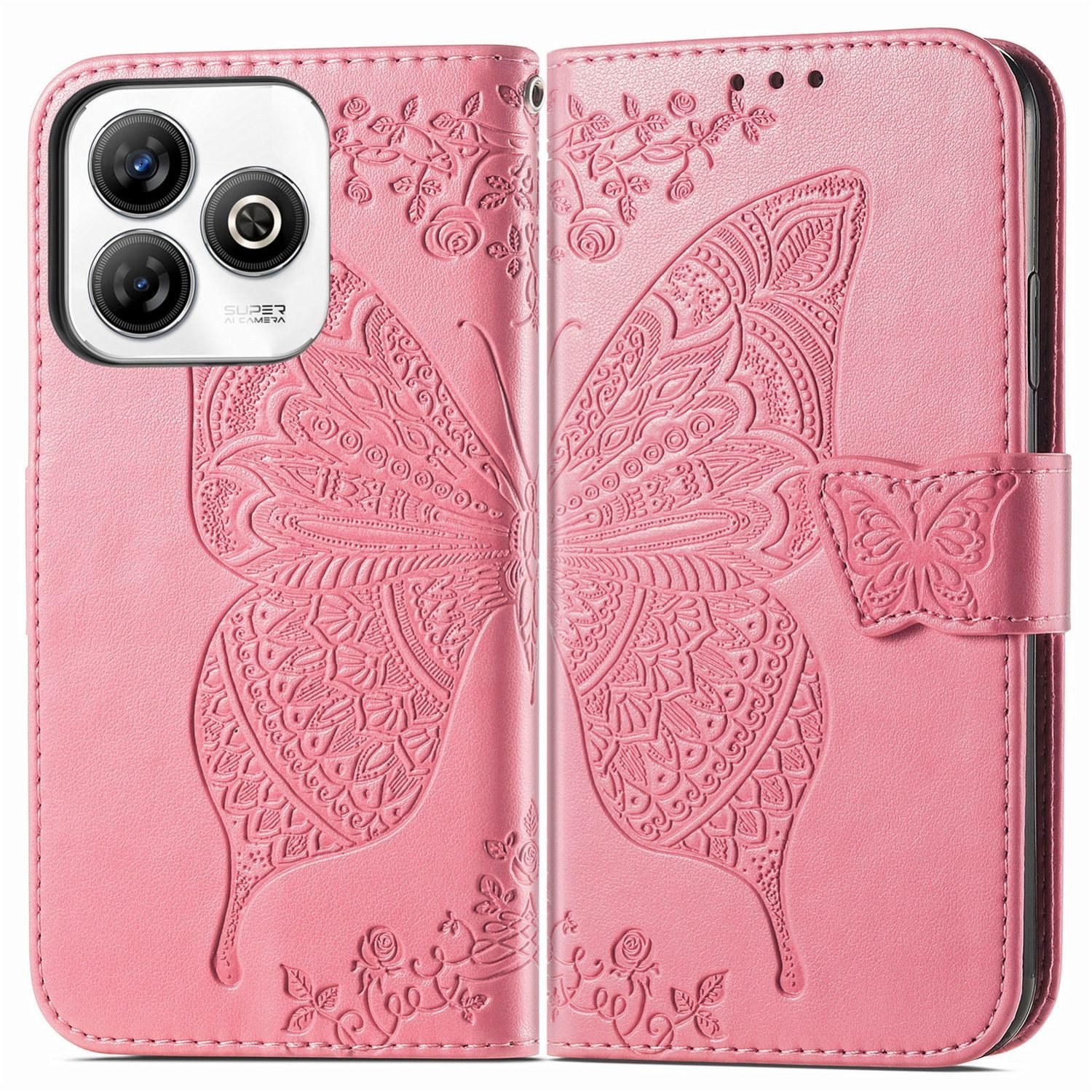 Wigento Smartphone-Hülle Für ZTE Blade A75 4G Kunstleder Schmetterling Wallet Hülle Tasche Pink, Kunst-Leder Schutzhülle Smart Case Cover magnetischer Verschluss